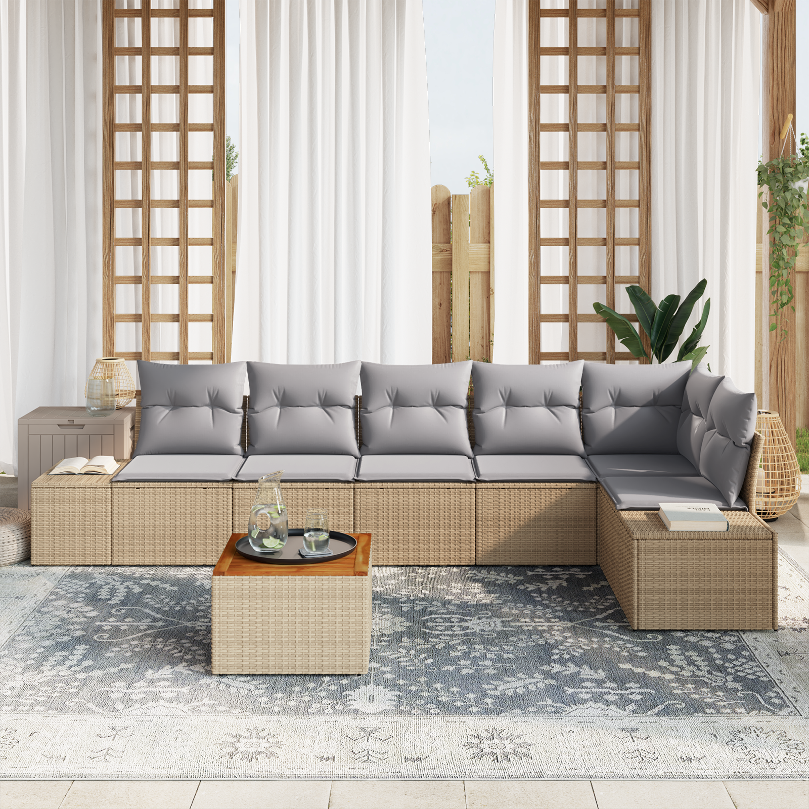 vidaXL 7-delige Tuinbankenset met kussens poly rattan acaciahout beige
