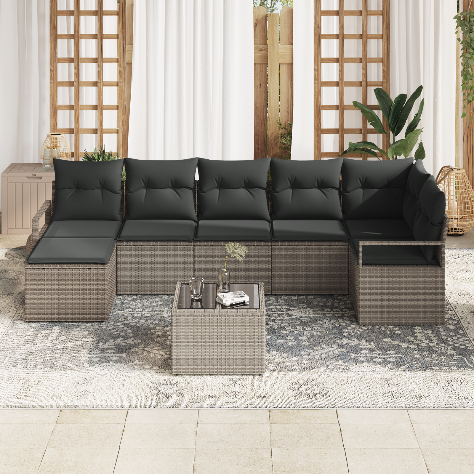 vidaXL 7-delige Tuinbankenset met kussens poly rattan zwart