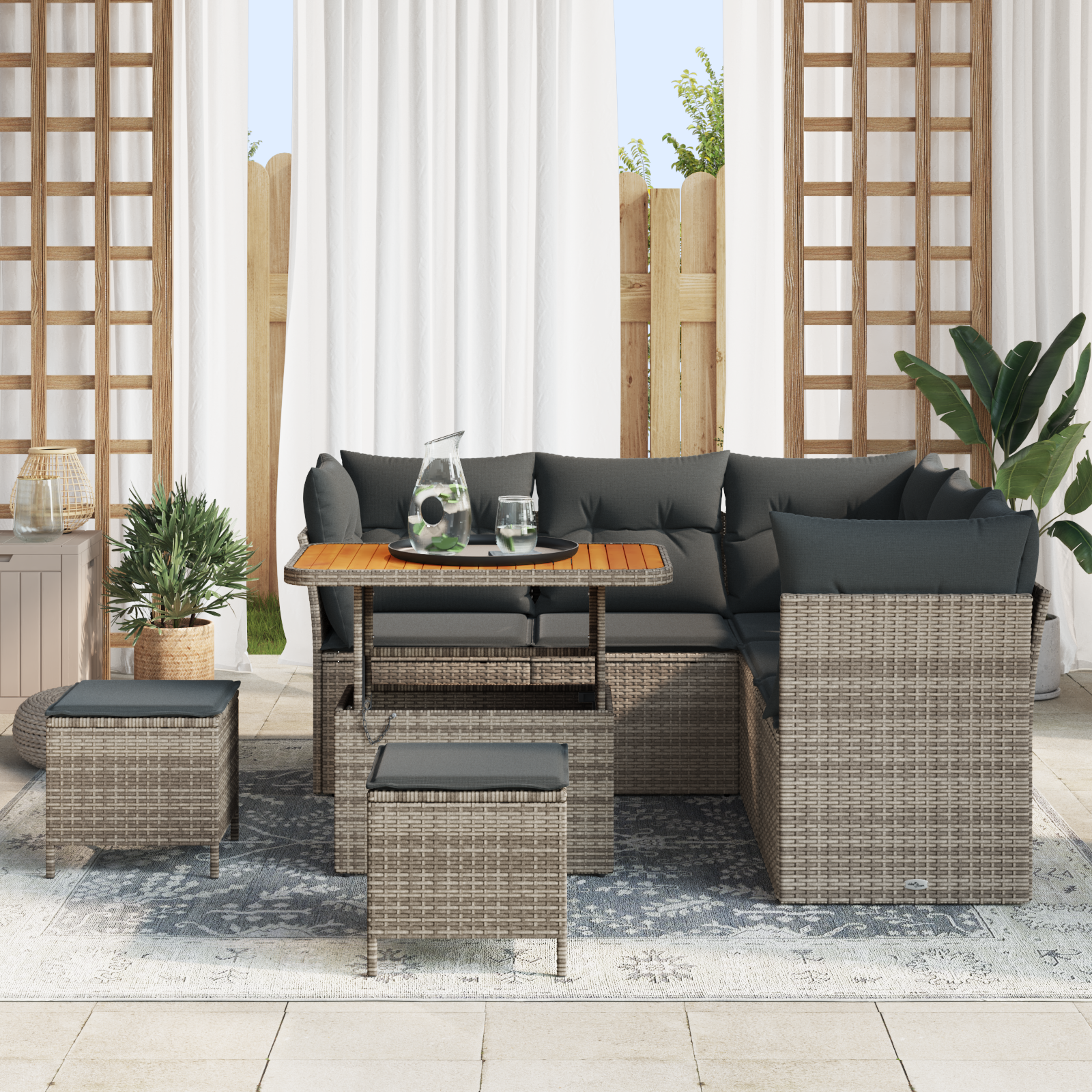 vidaXL 8-delige tuinset met kussens Grijs Poly Rattan Acacia
