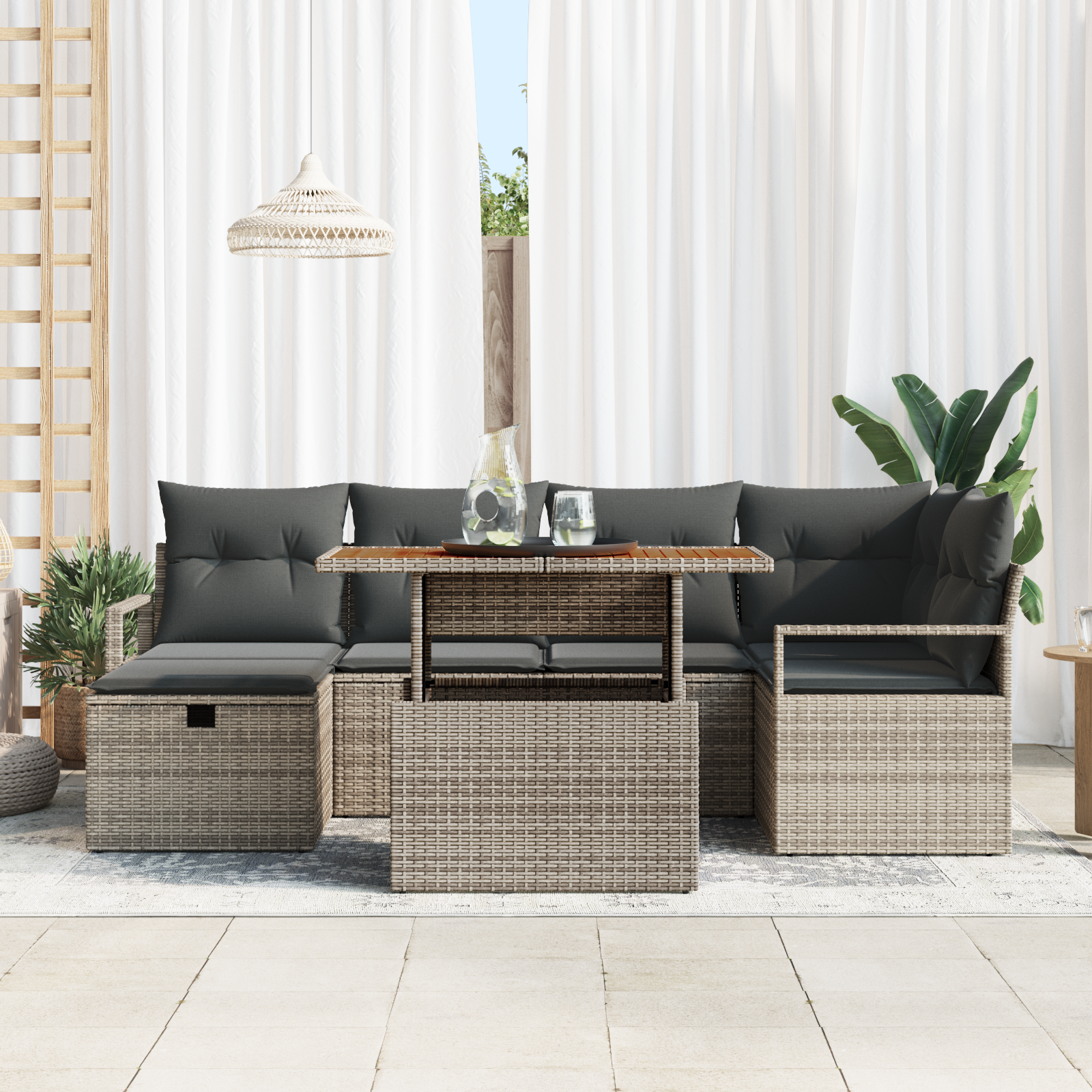 vidaXL 7-delige ligbed set met kussens grijs poly rattan