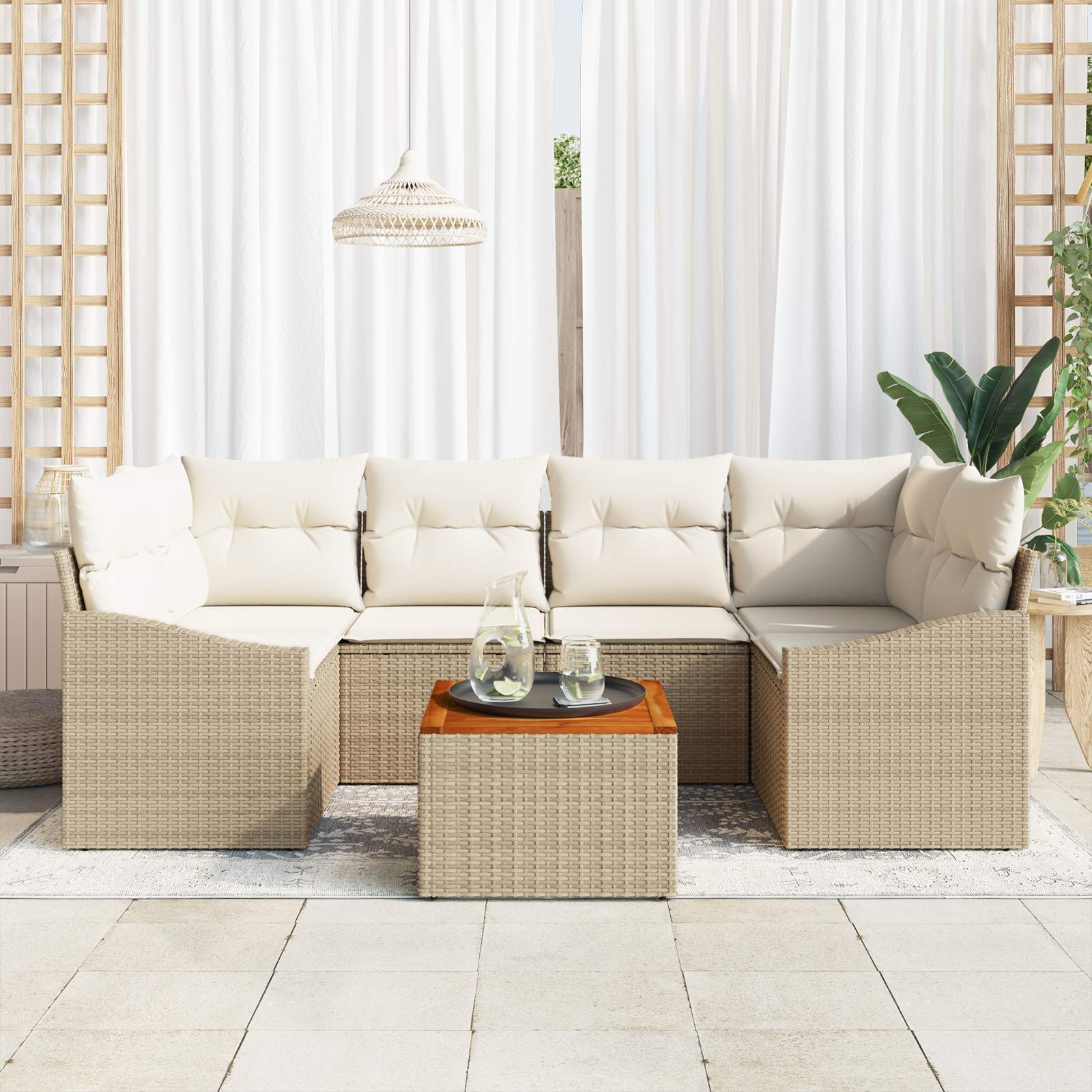 vidaXL 7-delige tuinset met kussens in het beige poly rattan en acacia