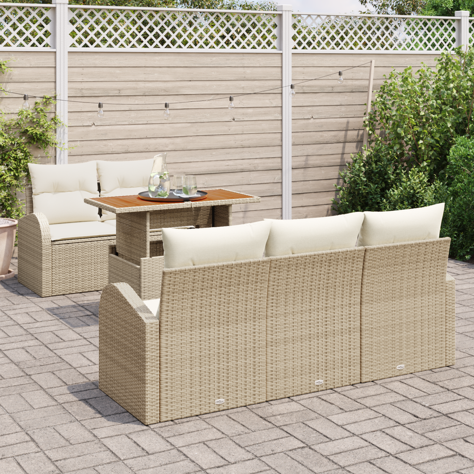 vidaXL 6-delige tuin eettafelset met kussens beige poly rattan acacia