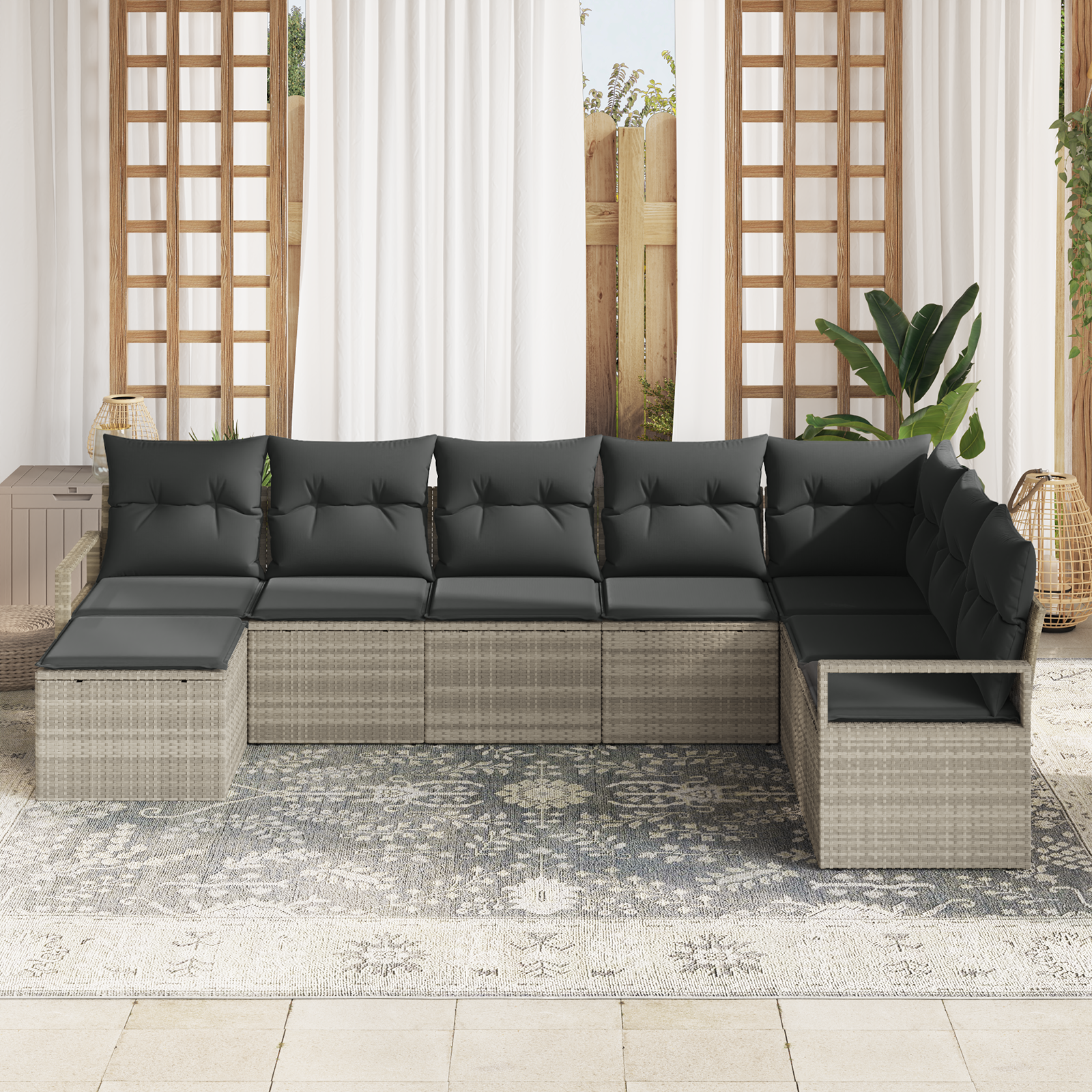 vidaXL 7-delige Tuinbankenset met kussens poly rattan lichtgrijs