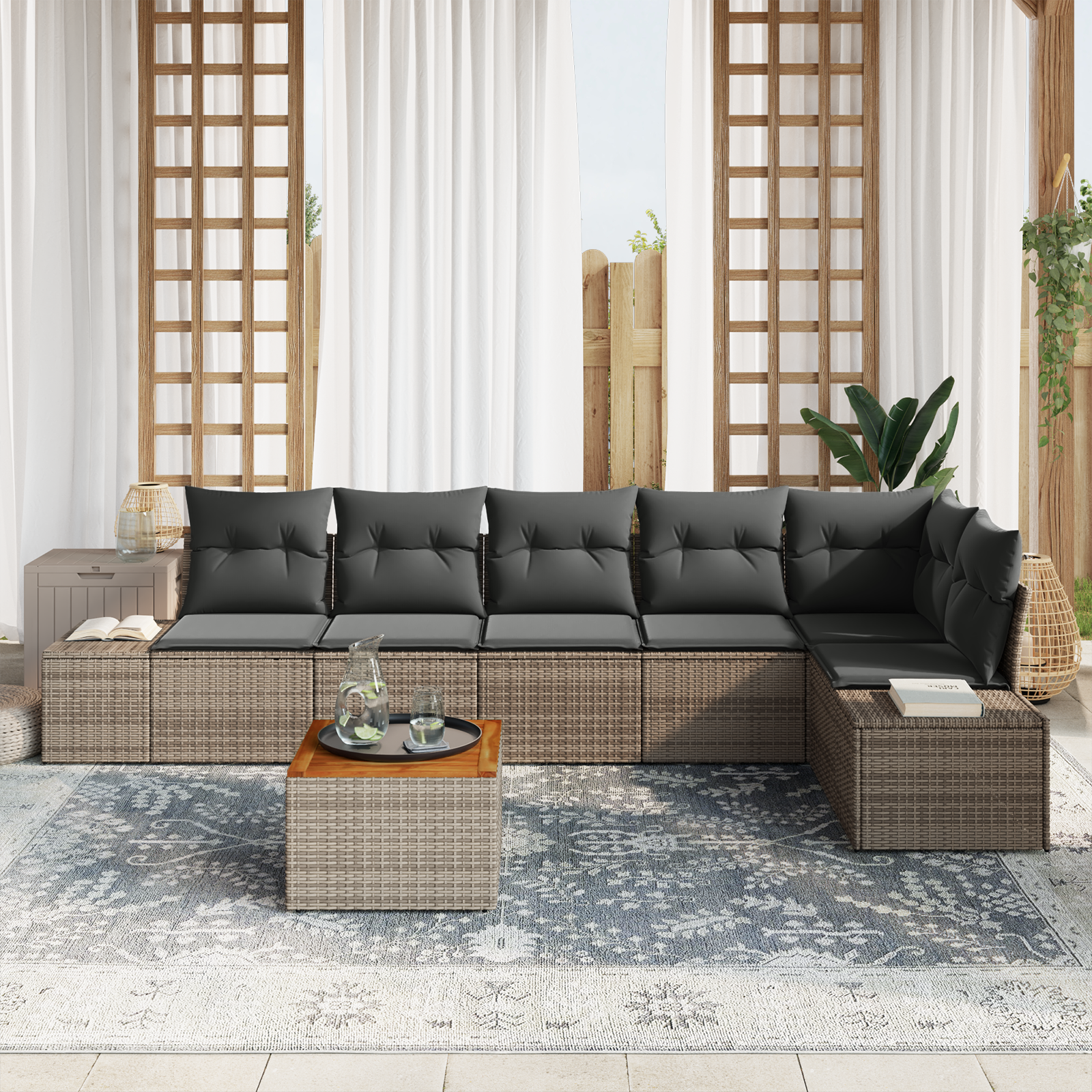vidaXL 7-delige tuinbank set met kussens - grijs poly rattan en acacia