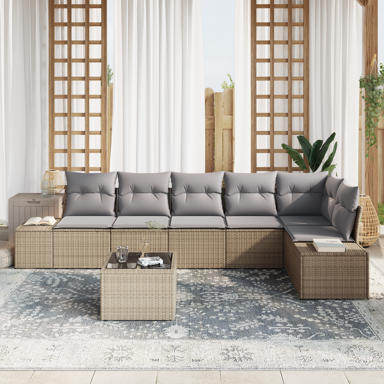 vidaXL 7-delige Tuinbankenset met kussens poly rattan zwart
