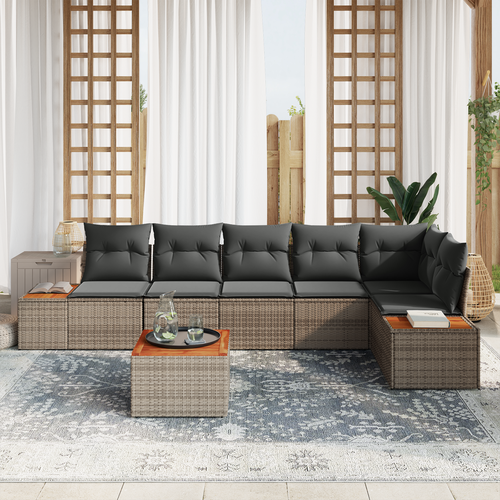 vidaXL 7-delige tuinset met kussens in grijs poly rattan en acacia