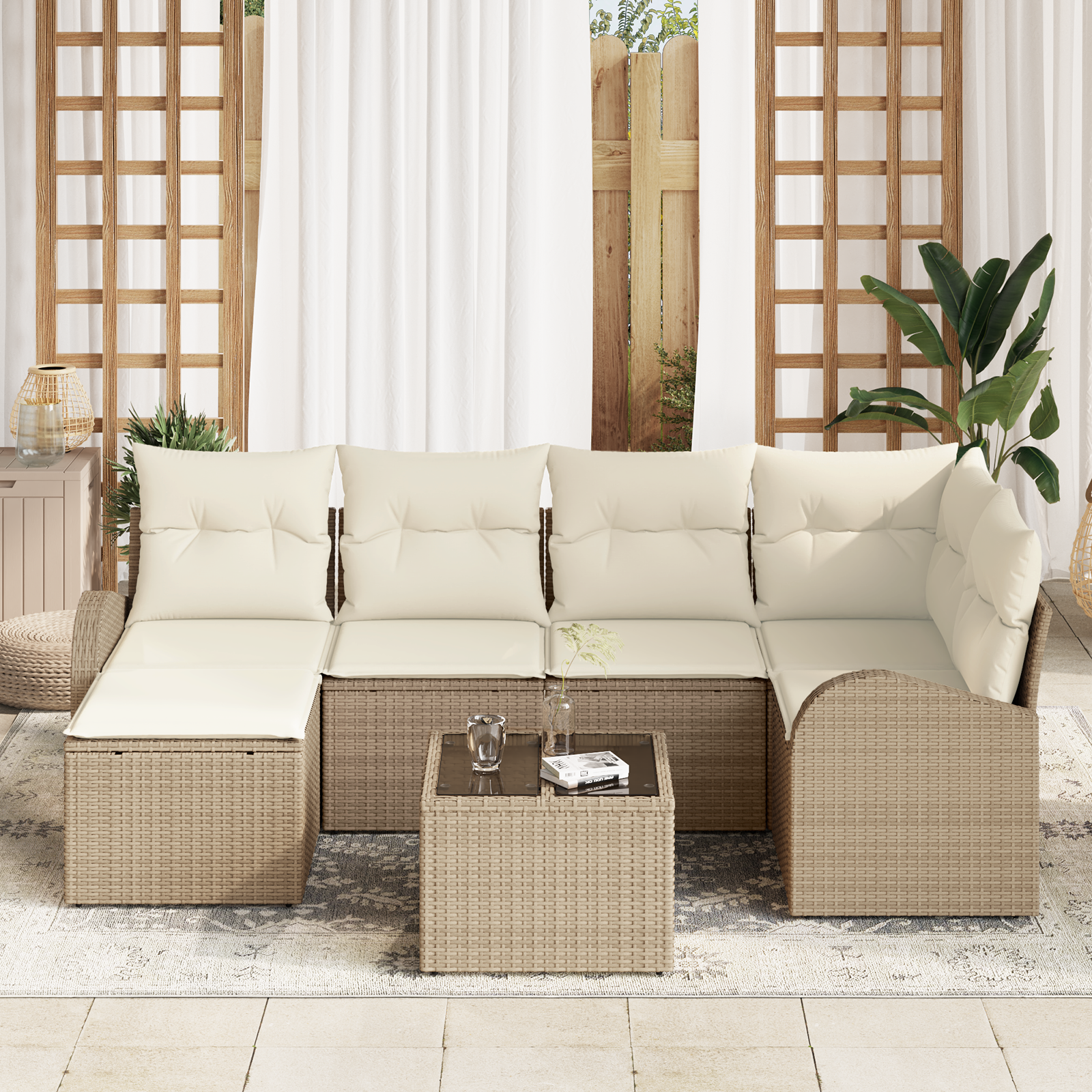 vidaXL 7-delige tuinbankset met kussens bruin poly rattan