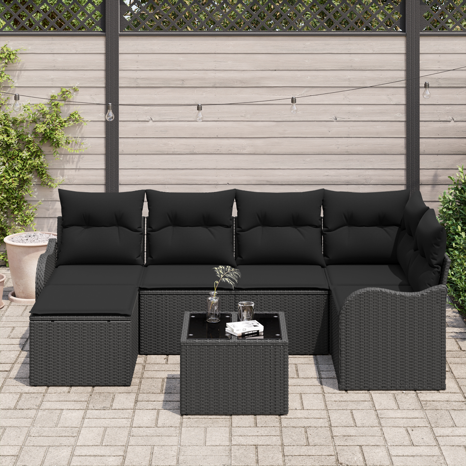 vidaXL 7-delige Tuinbankenset met kussens poly rattan beige