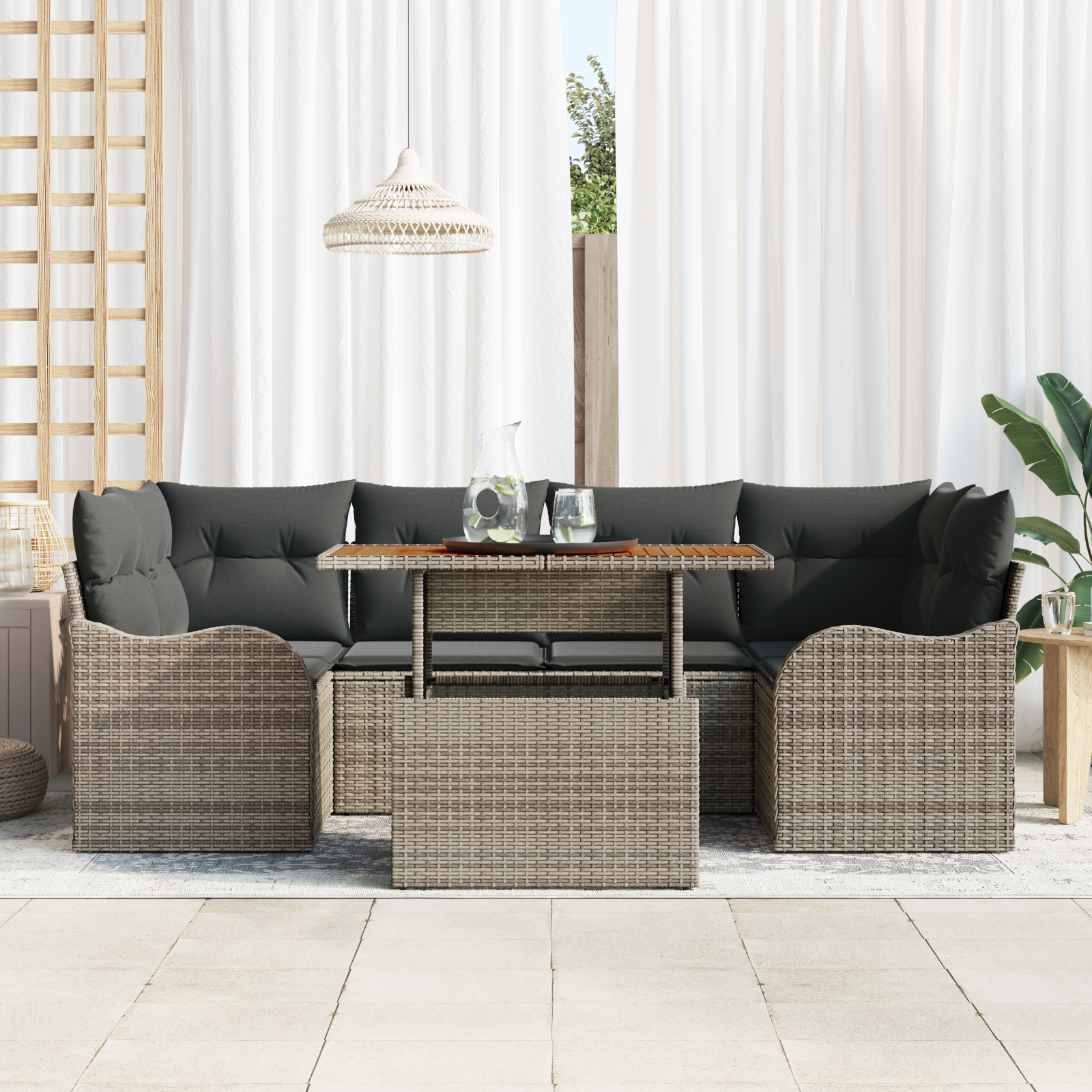 vidaXL 7-delige Tuinbankenset met kussens poly rattan acacia grijs