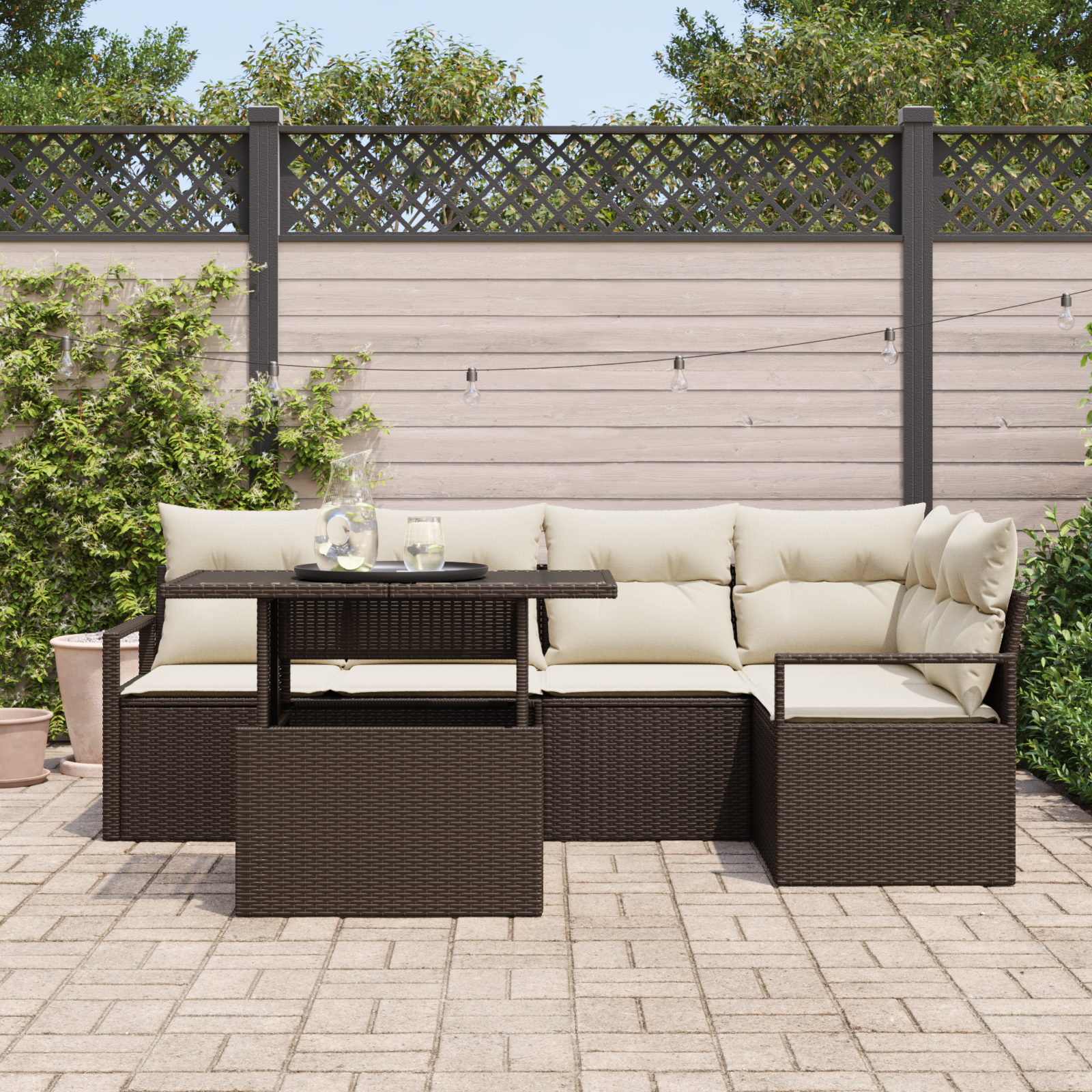 vidaXL 6-delige tuinbankset met kussens - Bruin Poly Rattan