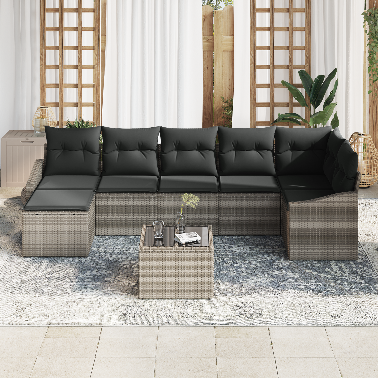 vidaXL 7-delige tuinset met kussens zwart poly rattan
