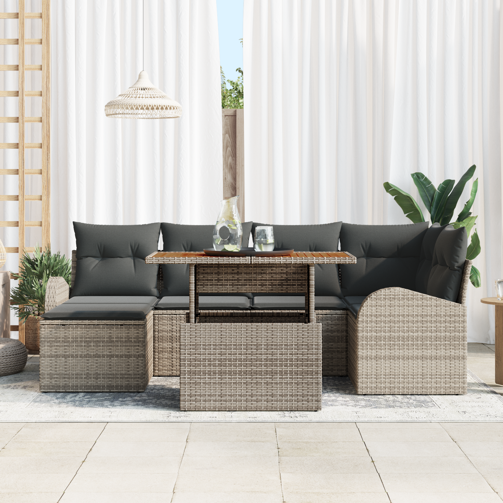 vidaXL 7-delige Tuinbankenset met kussens poly rattan grijs