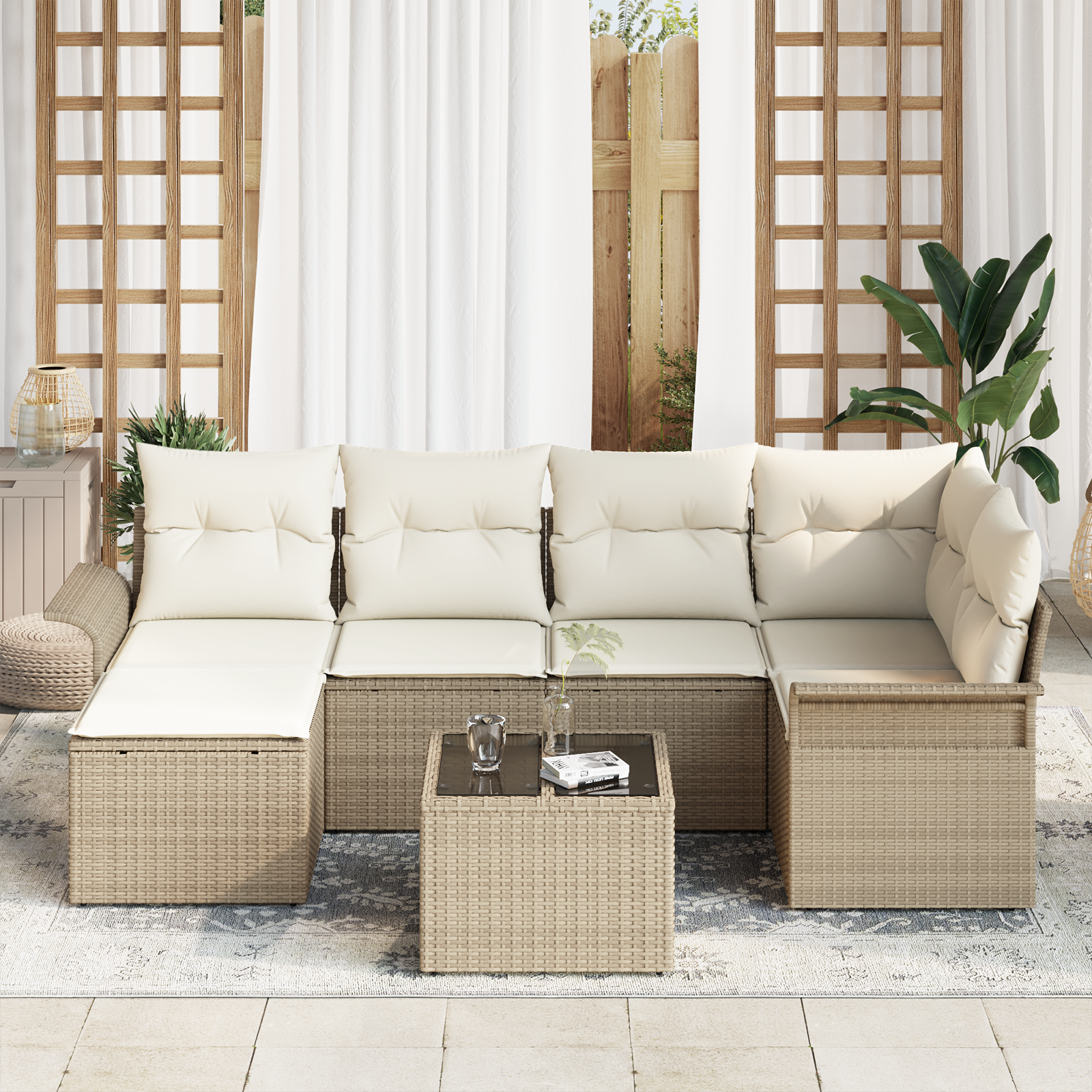vidaXL 7-delige ligbed set met kussens bruin poly rattan