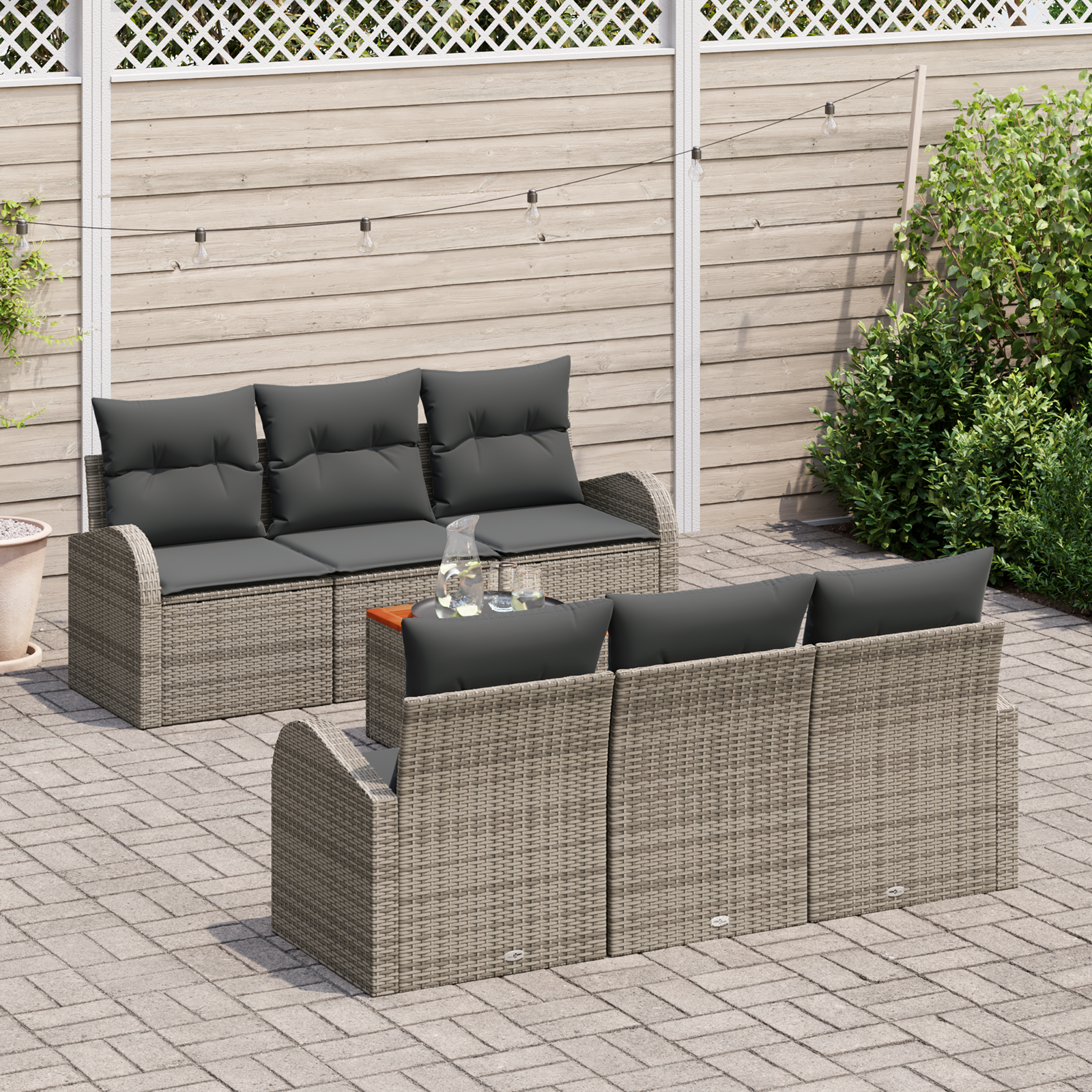 vidaXL 7-delige tuinset met kussens in het grijs, van poly rattan en acacia