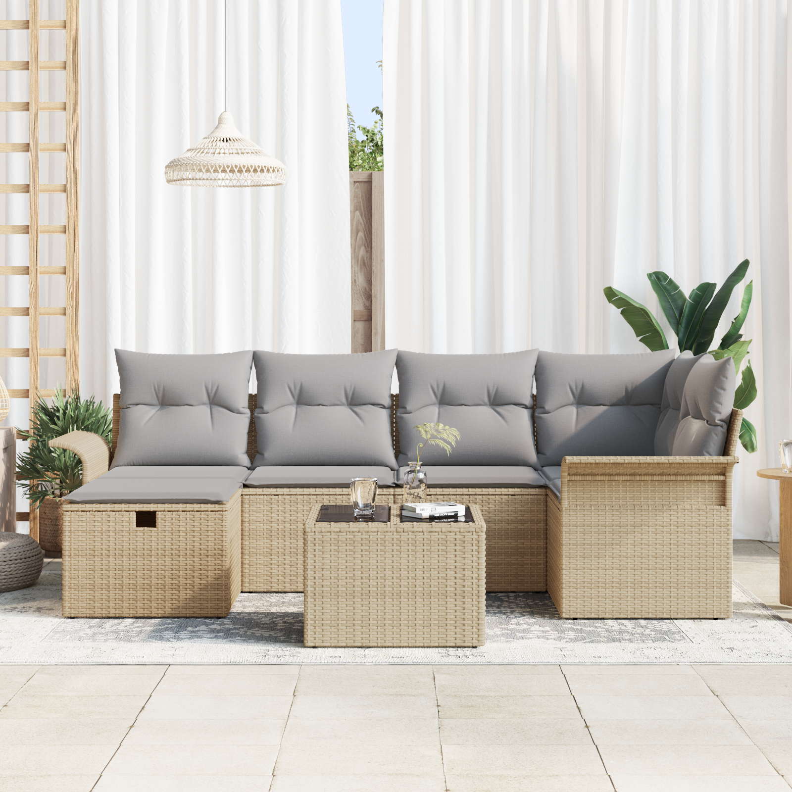 vidaXL 7-delige tuinsofa set met kussens in beige poly rattan