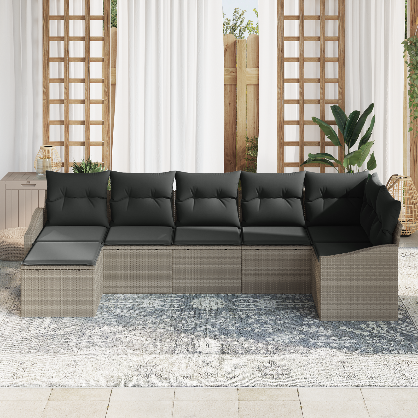 vidaXL 7-delige tuinset met kussens in lichtgrijs poly rattan