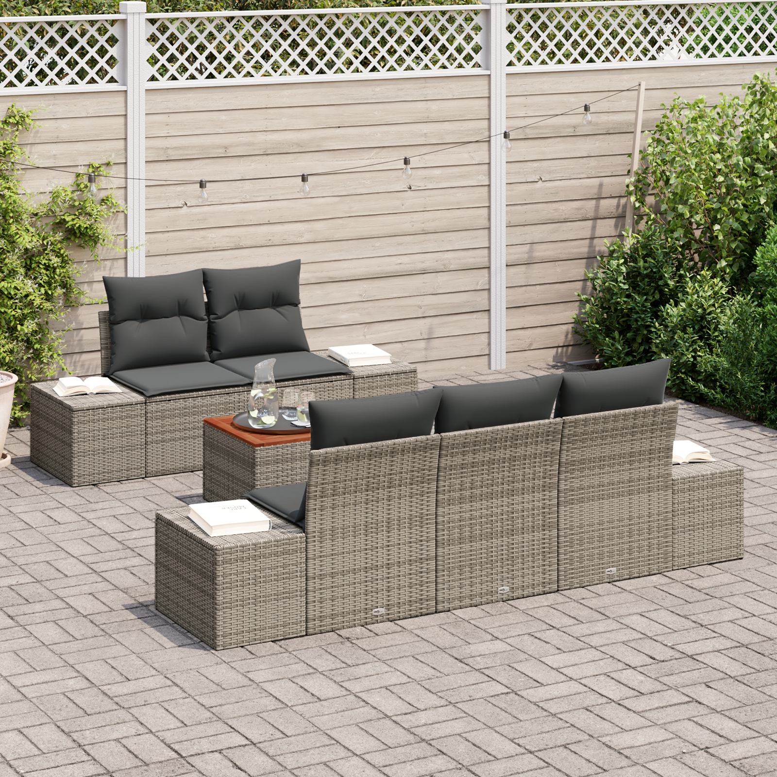 vidaXL 6-delige Tuinbankenset met kussens poly rattan acaciahout grijs