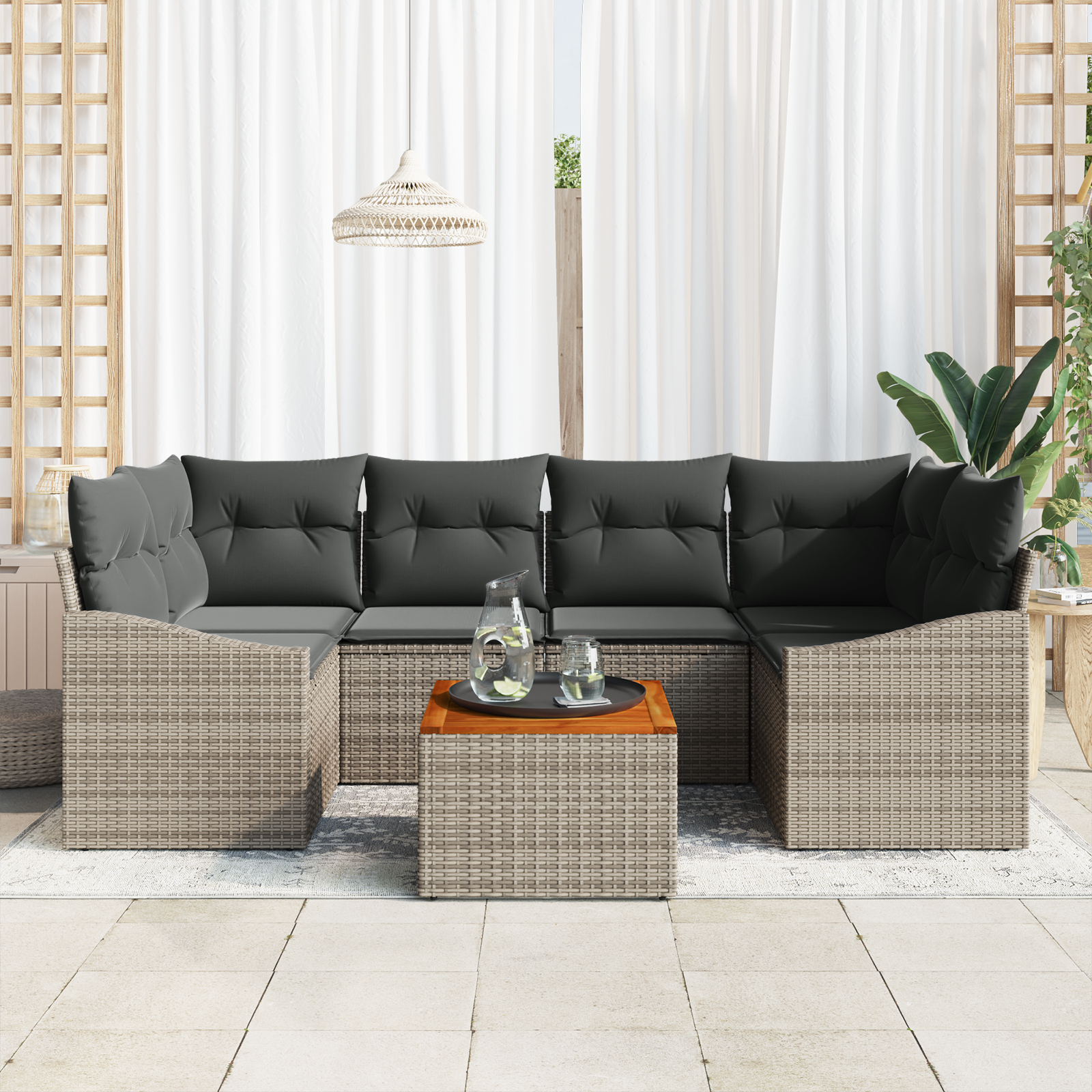 vidaXL 7-delige tuinsofa set met kussens - Grijs Poly Rattan en Acacia