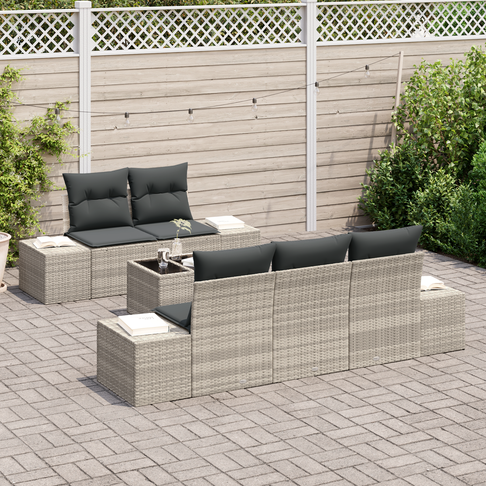 vidaXL 6-delige ligbed set met kussens lichtgrijs poly rattan
