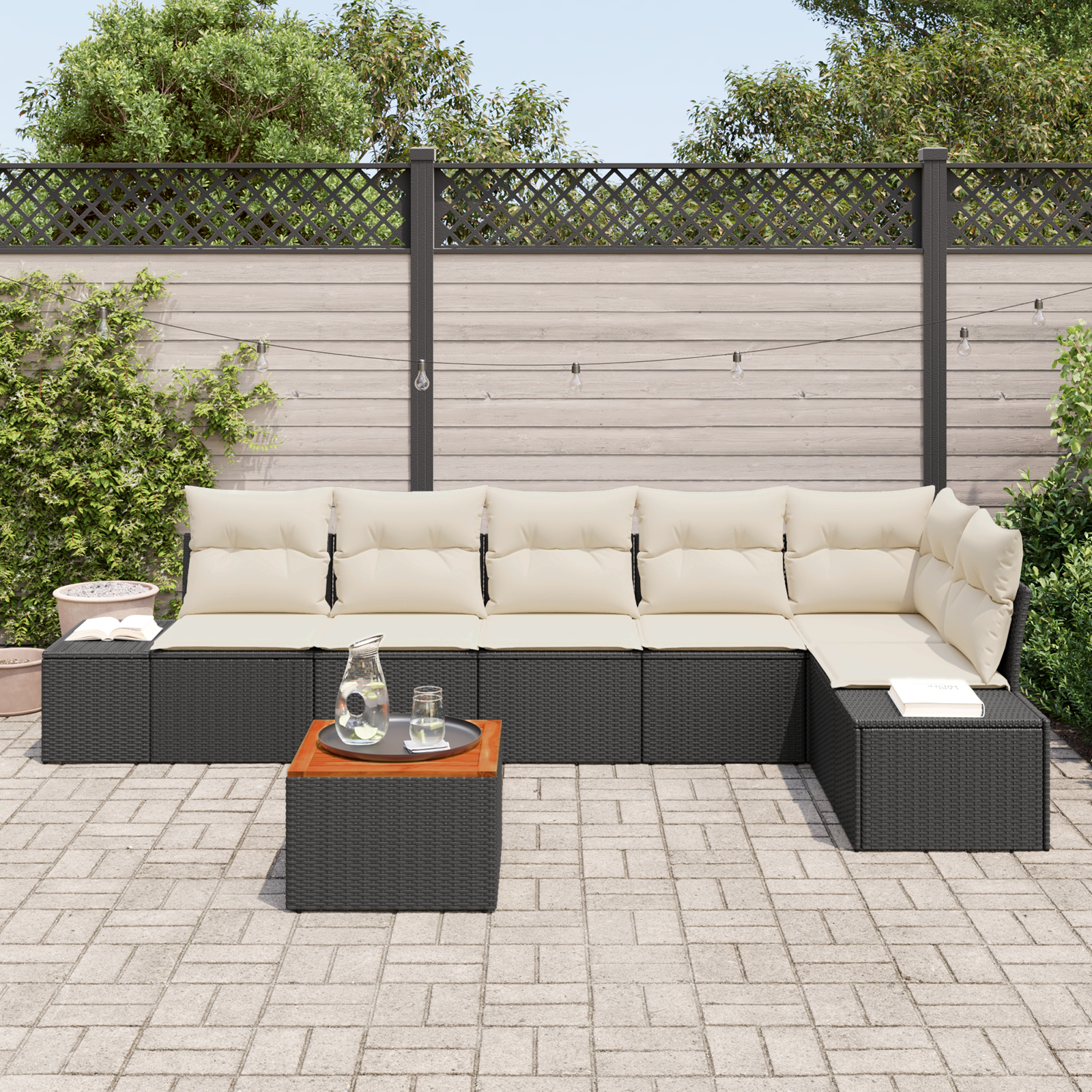 vidaXL 7-delige tuinset met kussens in zwart poly rattan en acacia