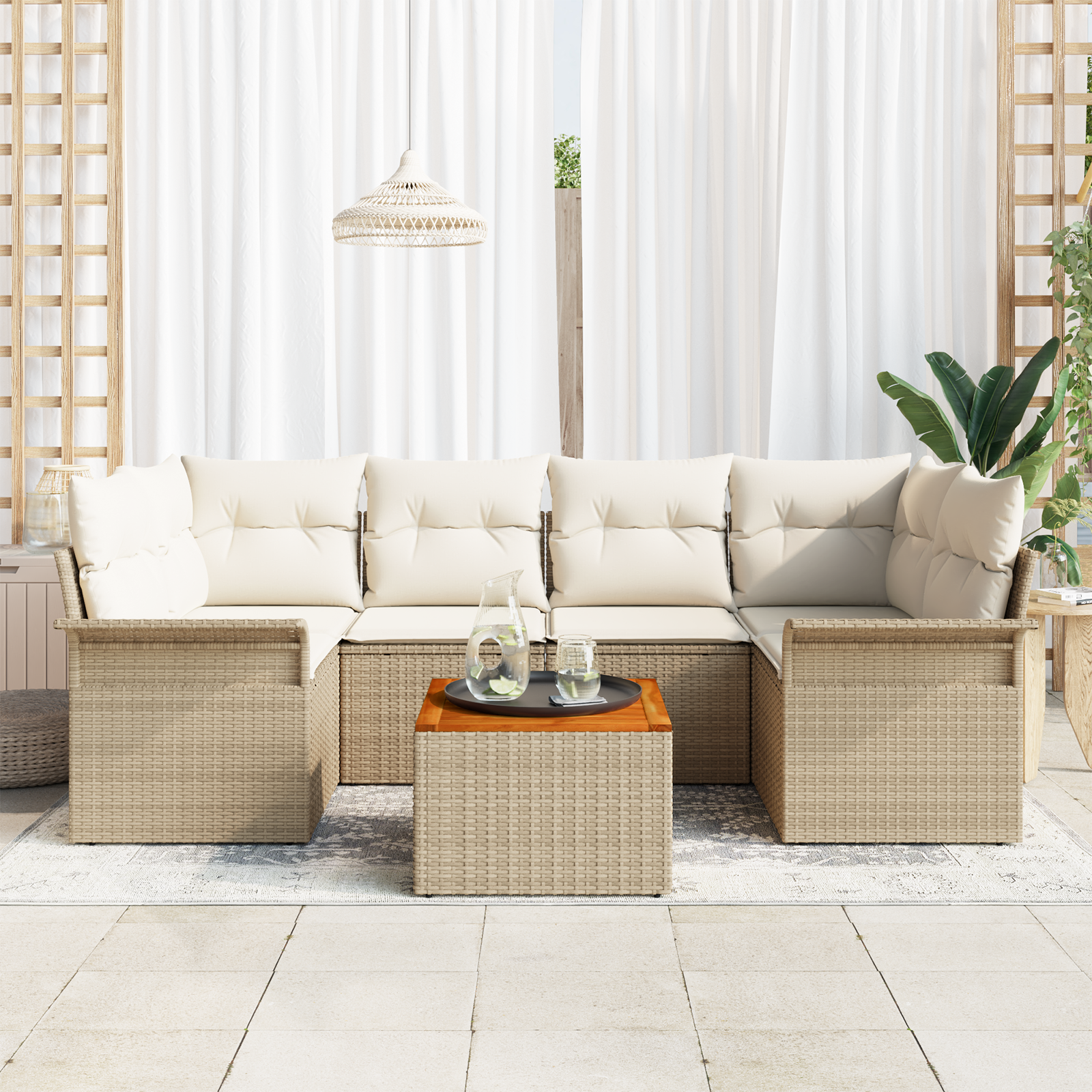 vidaXL 7-delige Tuinbankenset met kussens poly rattan acaciahout beige