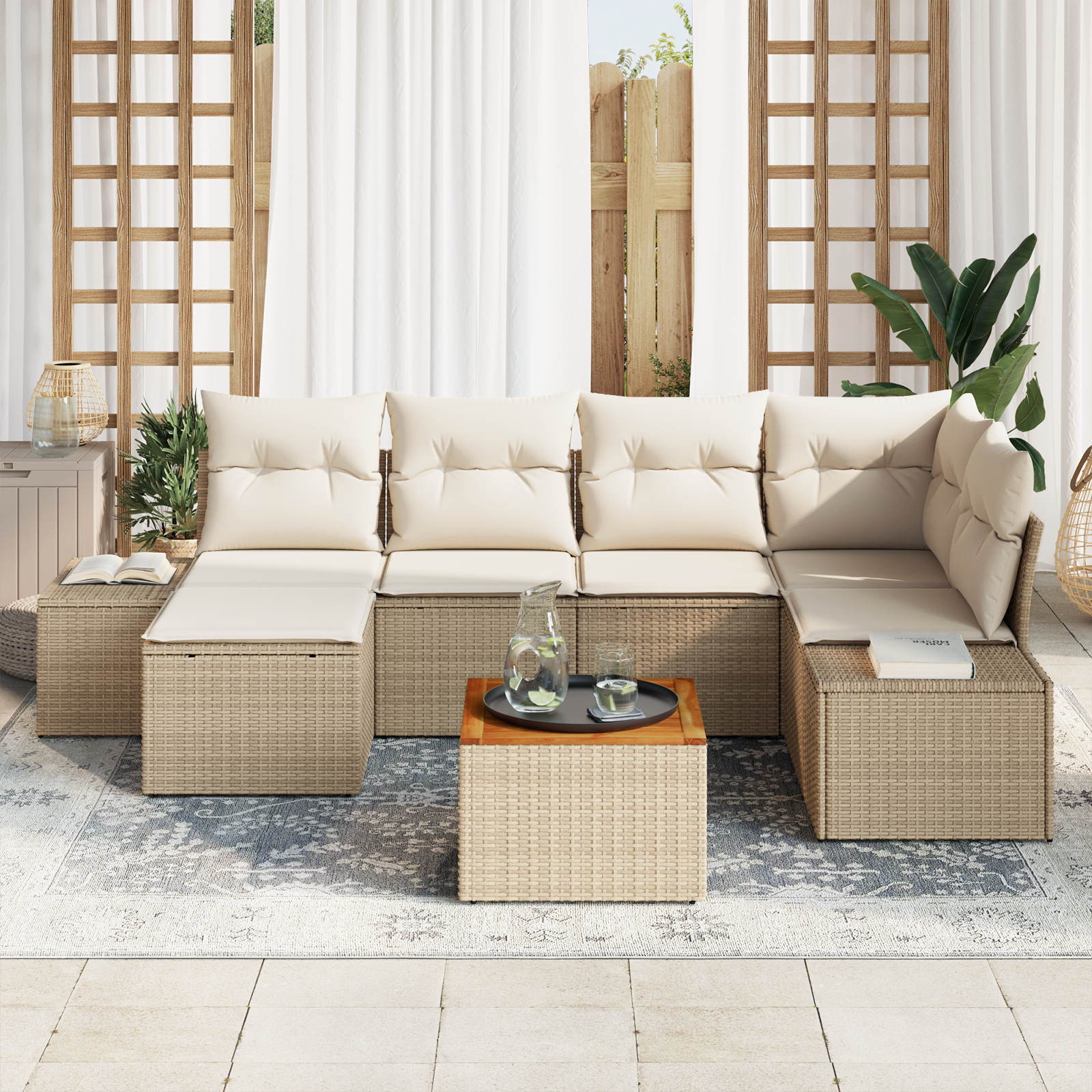vidaXL 7-delige tuinsofa set met kussens in Beige Poly Rattan en Acaciahout