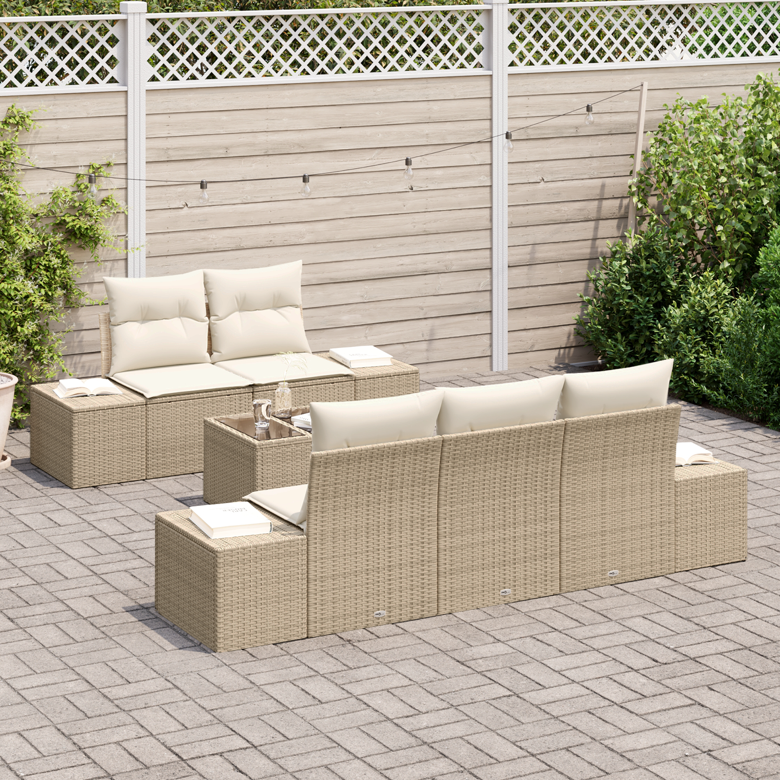 vidaXL 6-delige tuinset met kussens in beige poly rattan