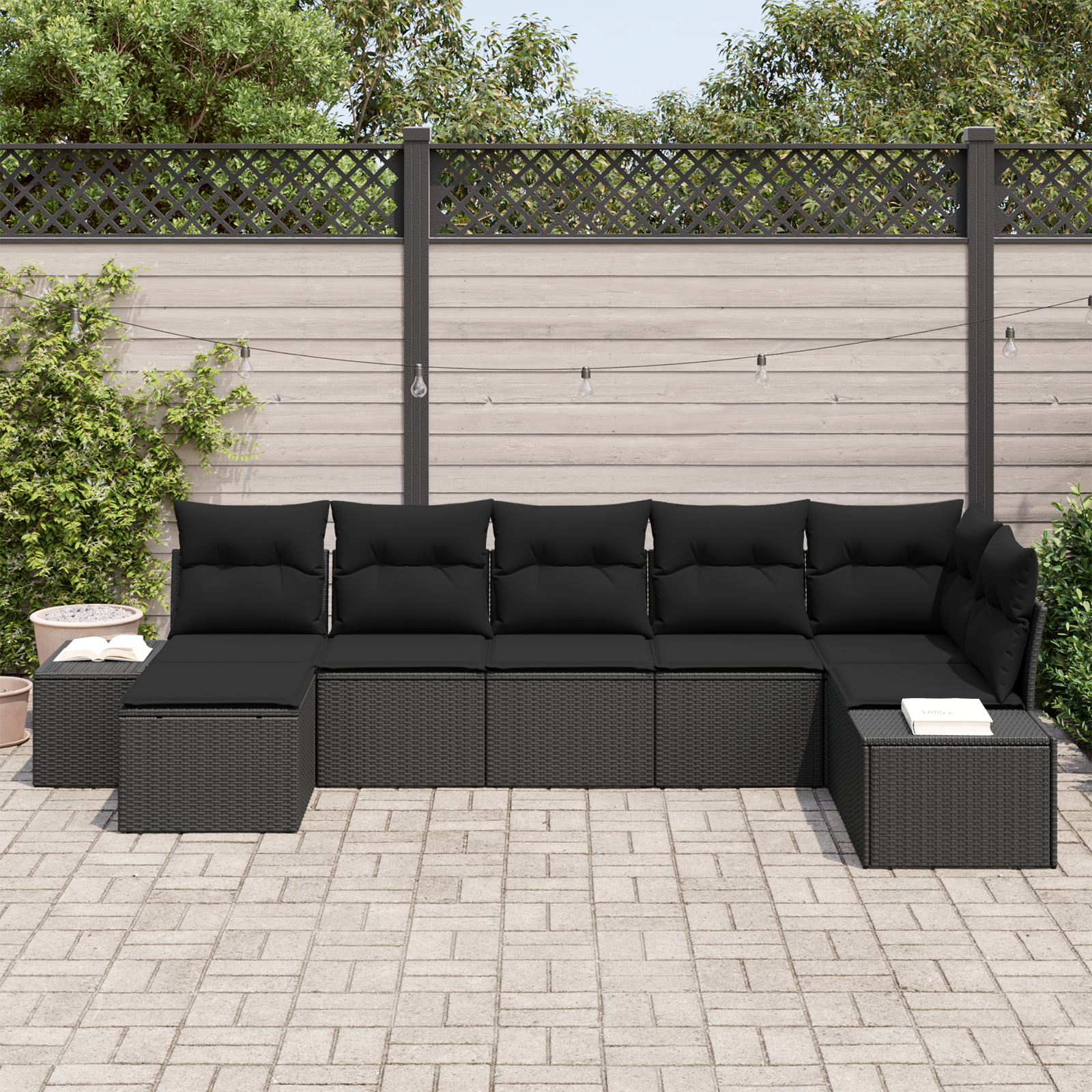 vidaXL 7-delige Tuinbankenset met kussens poly rattan zwart