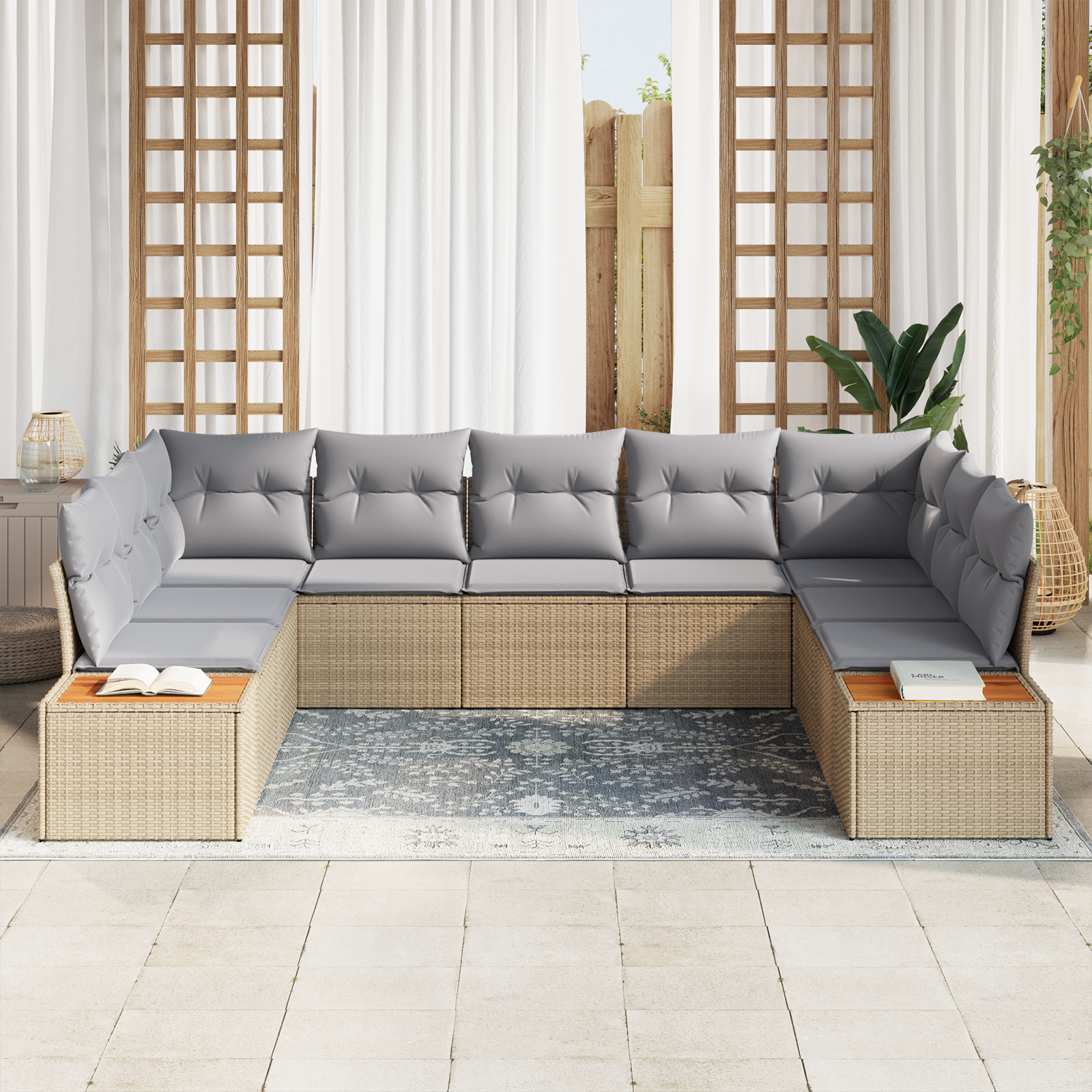 vidaXL 5-delige Tuinbankenset met kussens poly rattan acacia beige