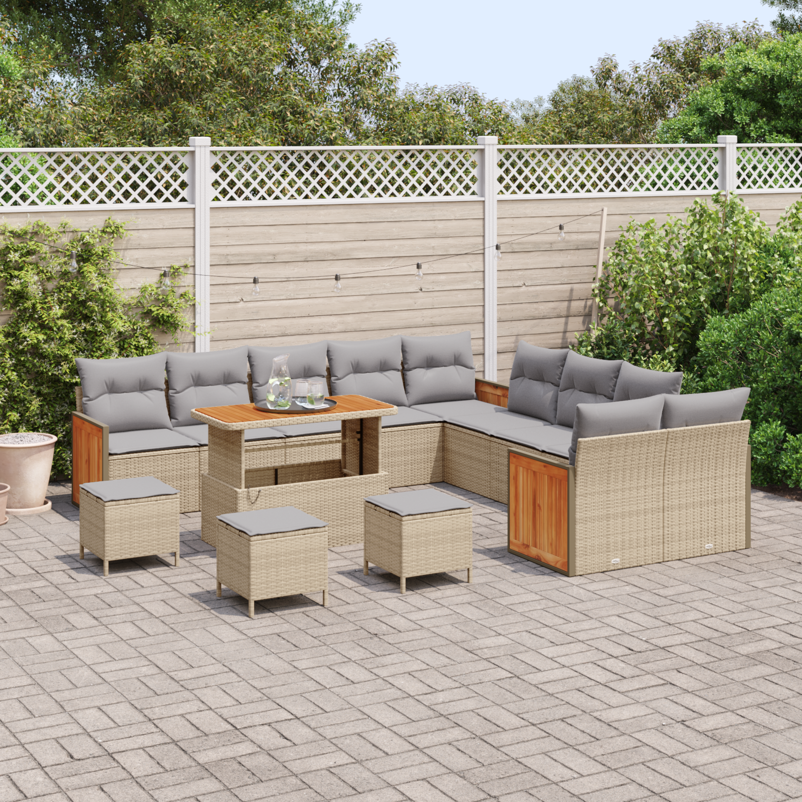 vidaXL 14 Delige Tuinsofa Set met Kussens Beige Poly Rattan Acacia