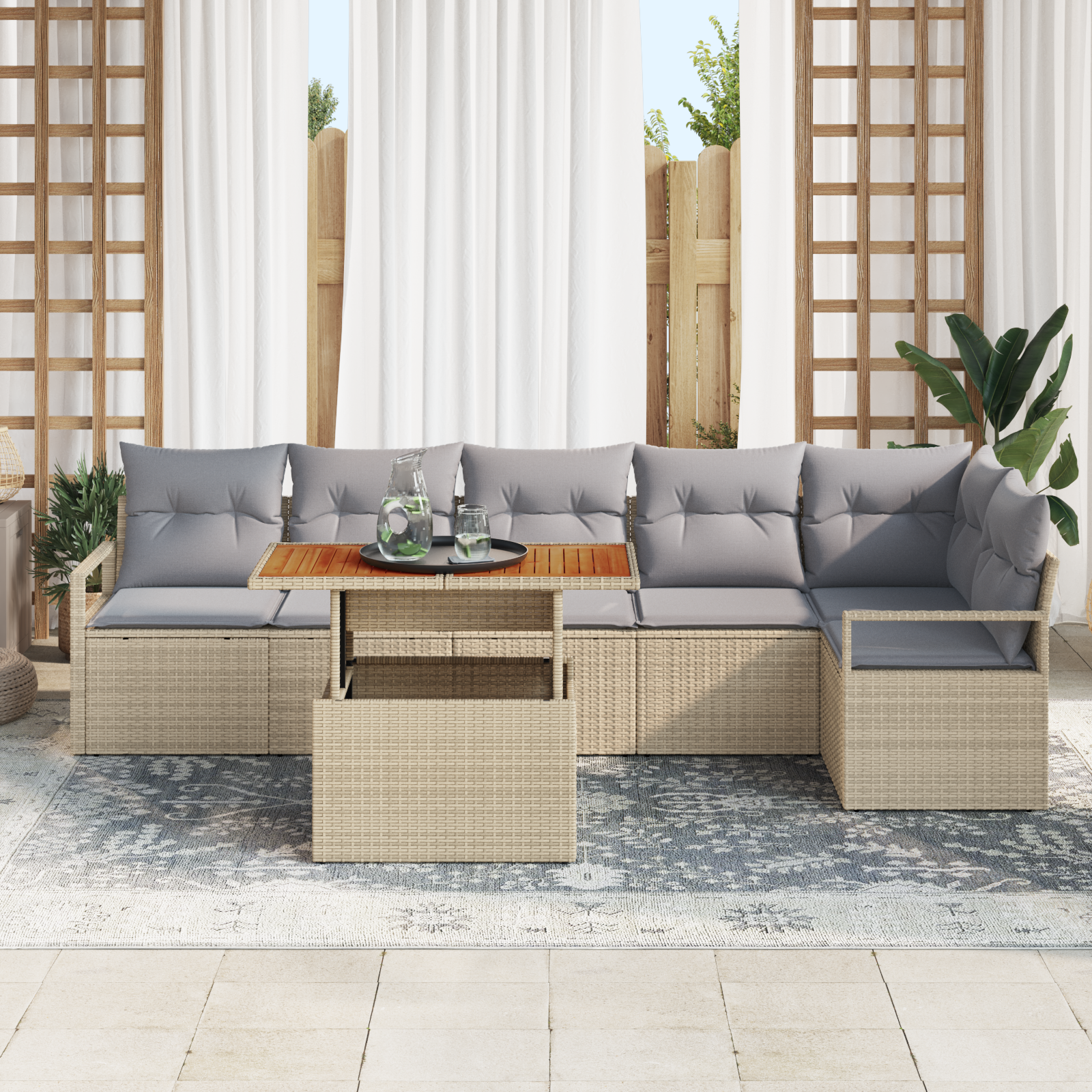 vidaXL 7-delige Tuin Sofa Set met Kussens Beige Poly Rattan Acacia