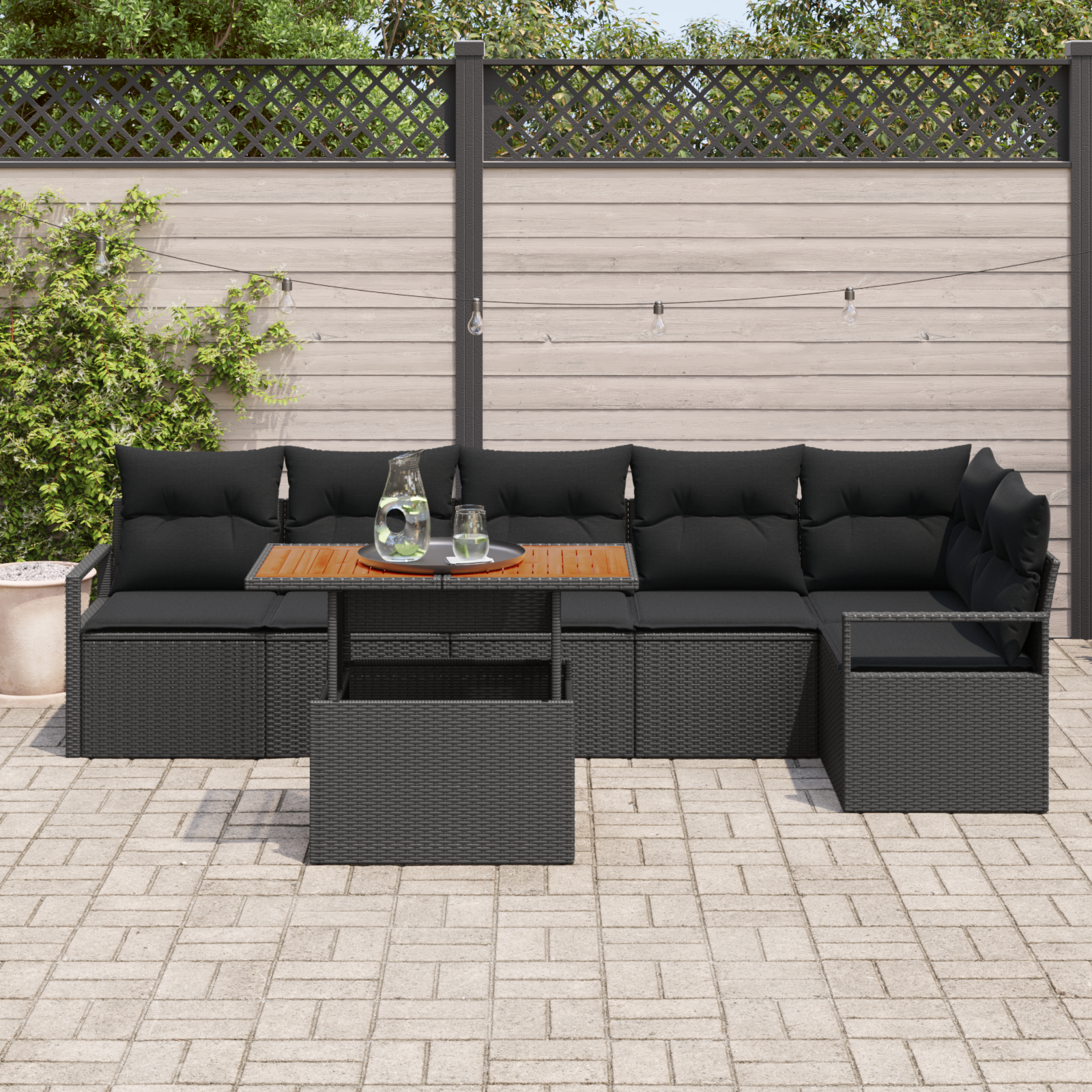 vidaXL 7-delige Tuin Sofa Set met Kussens Zwart Poly Rattan Acacia