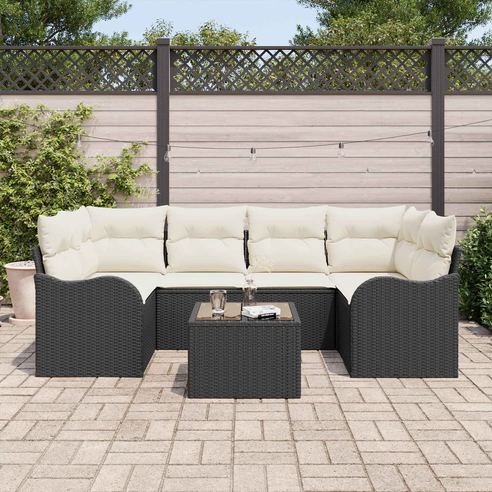 vidaXL 7 delige Tuinbankenset met kussen poly rattan zwart
