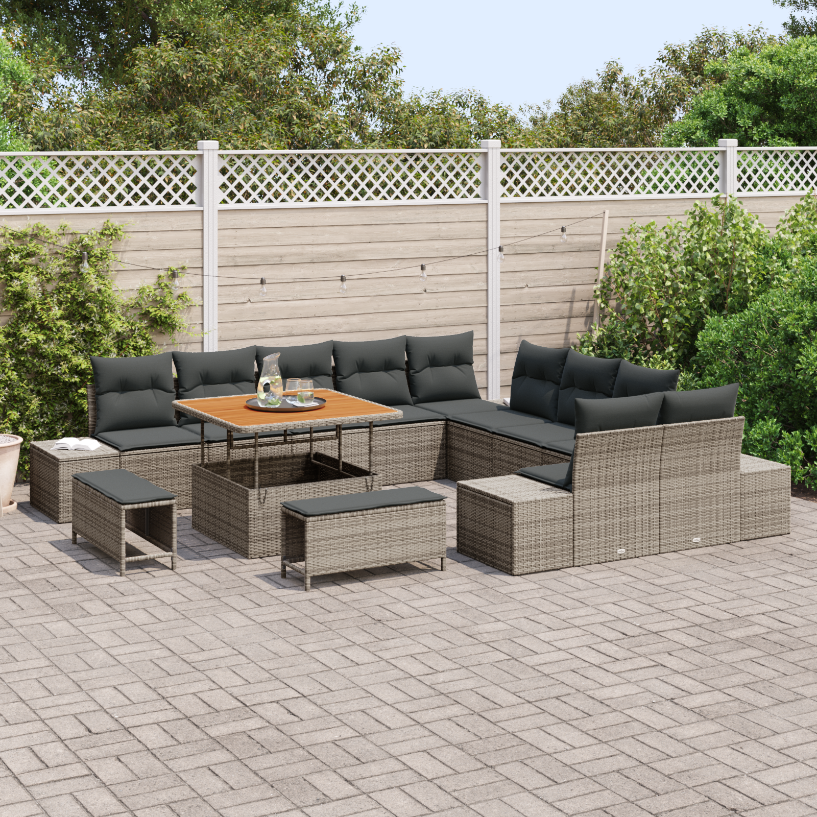 vidaXL 13-delige Tuinbankenset met kussens poly rattan acacia grijs
