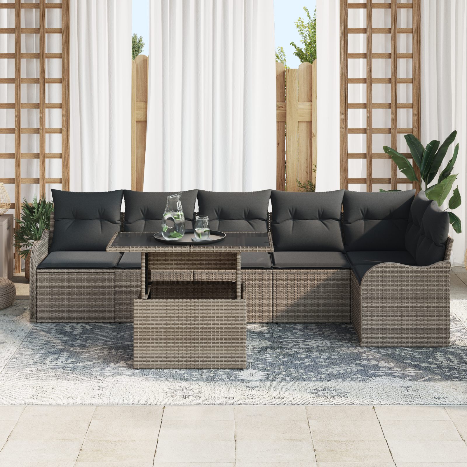 vidaXL 7-delige tuinset met kussens grijs poly riet