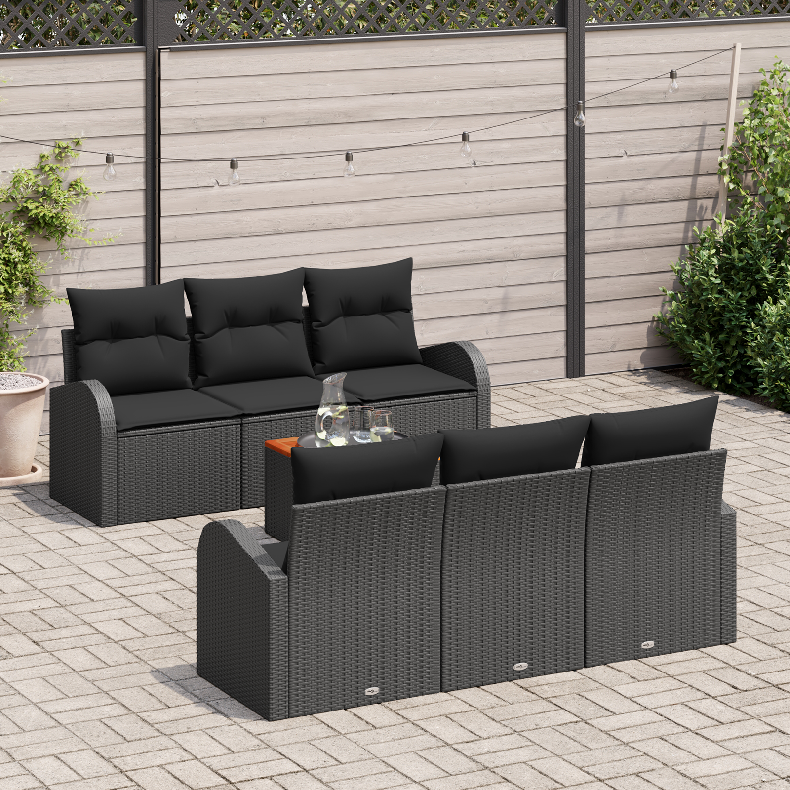 vidaXL 7-delige tuinset met kussens zwart poly rattan acaciahout
