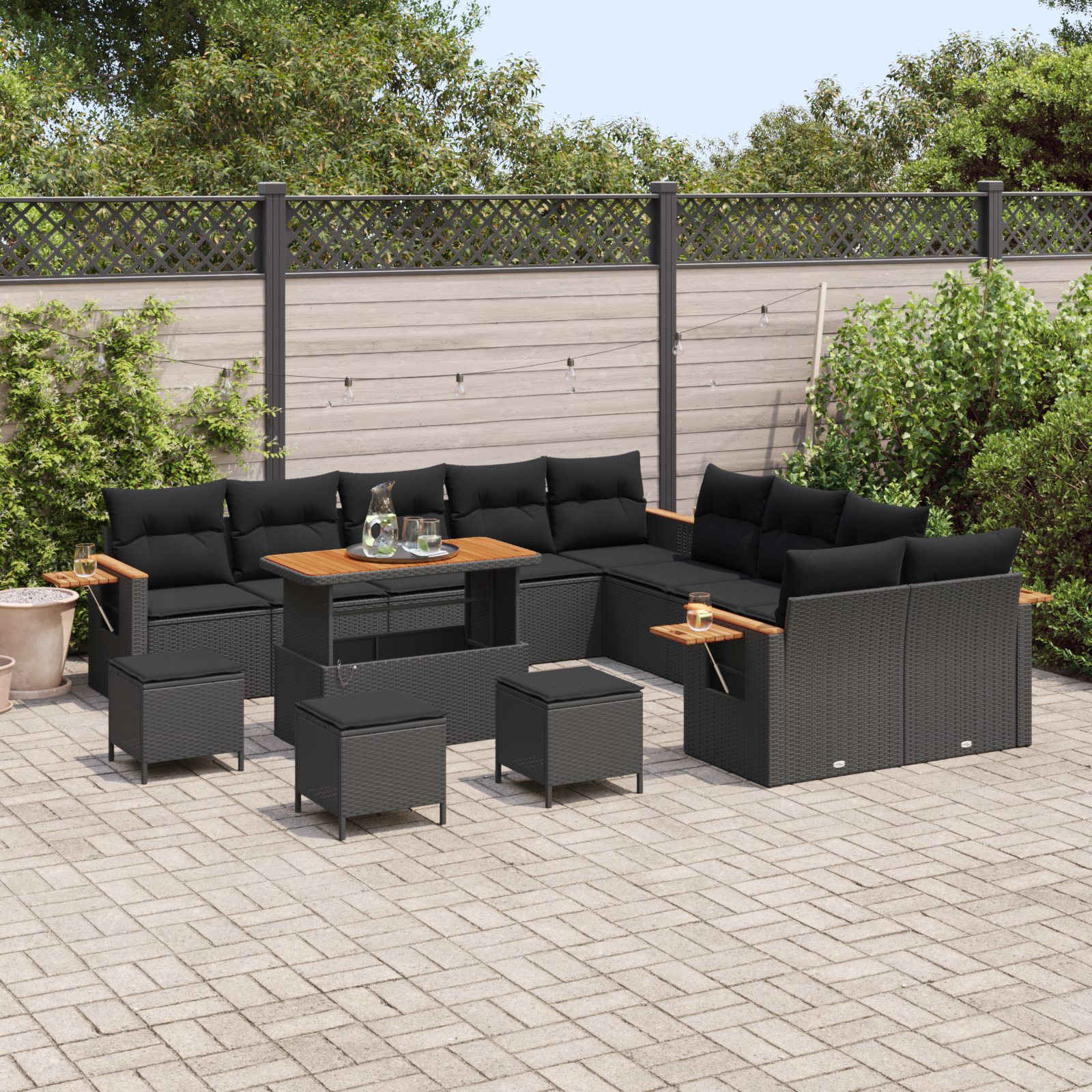 vidaXL 14-delige tuinbankset met kussens zwart poly rattan acacia