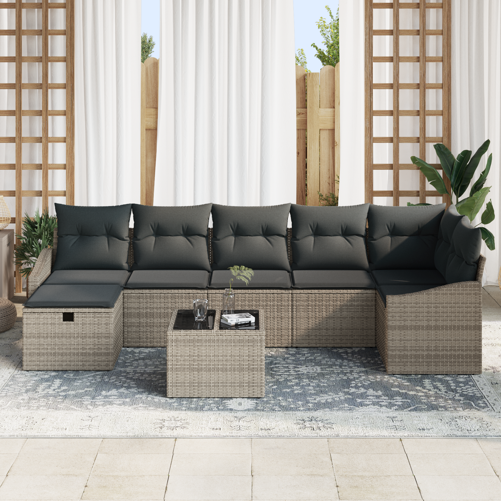 vidaXL 8-delige tuinset met kussens in grijs poly rattan