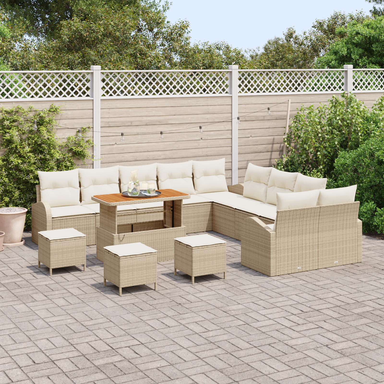 vidaXL 14-delige Tuinbankenset met kussens poly rattan acacia beige