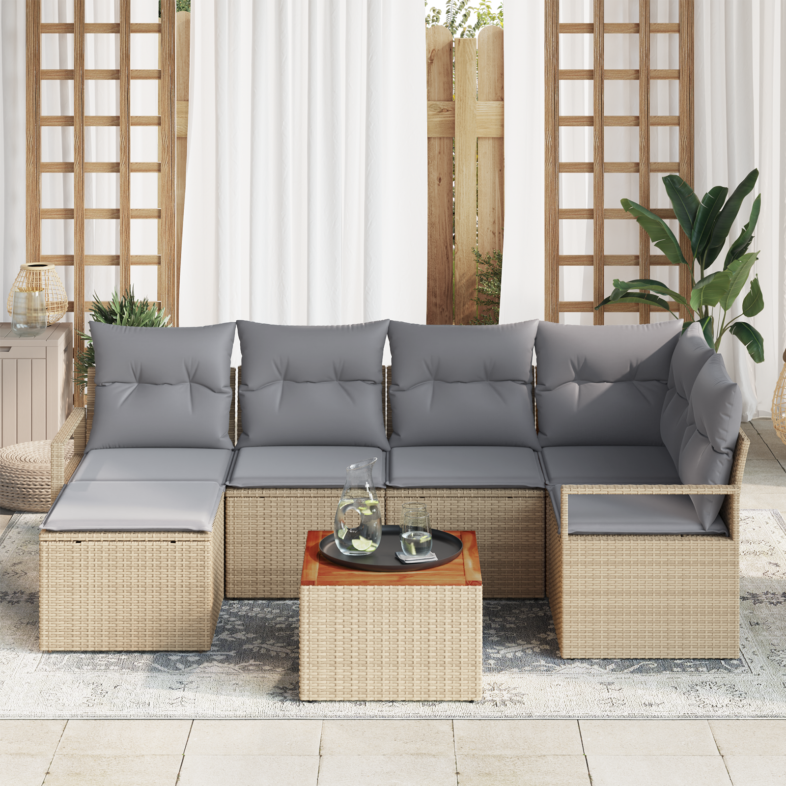 vidaXL 7-delige Tuinbankenset met kussens poly rattan acacia beige