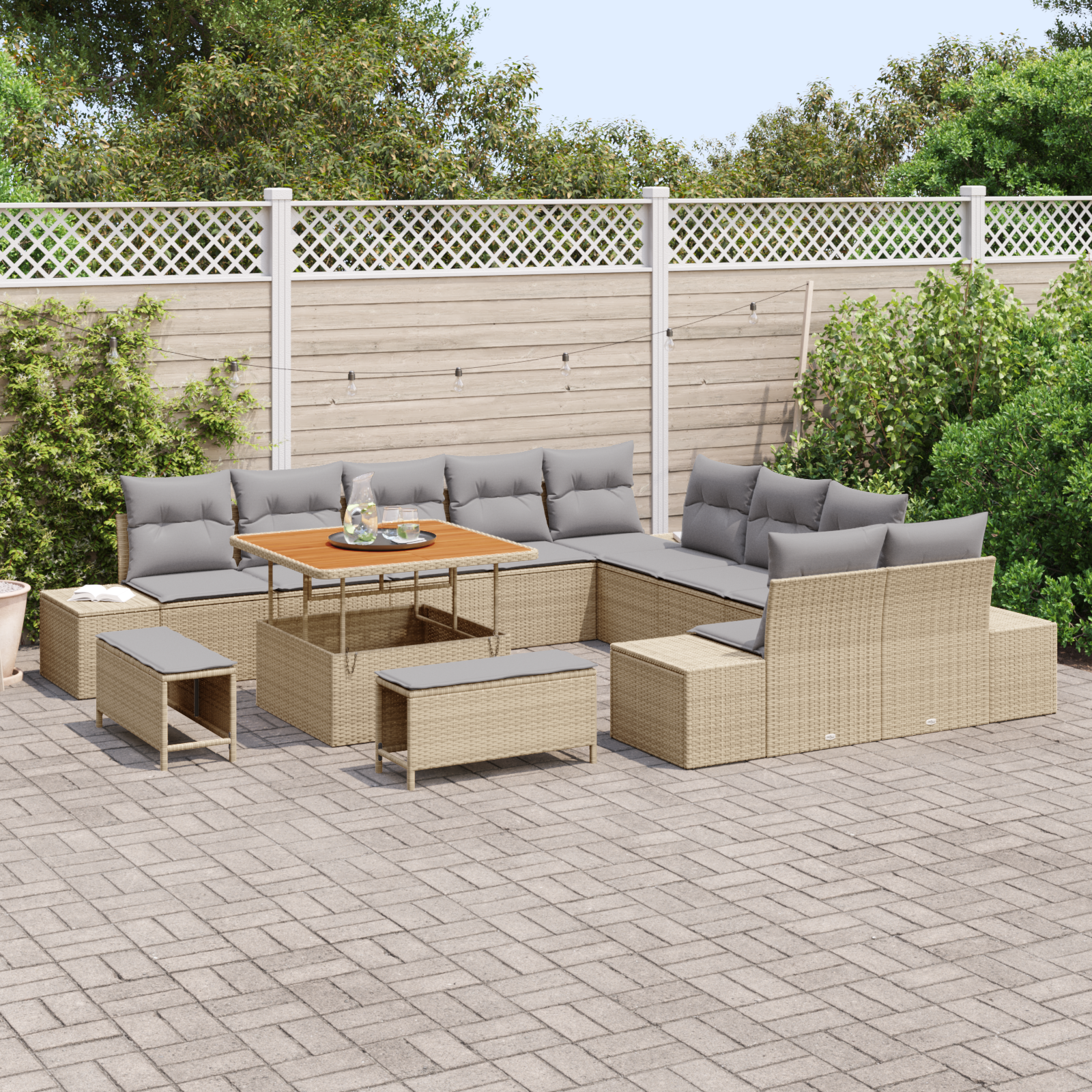 vidaXL 13-delige Tuinbankenset met kussens poly rattan acacia beige