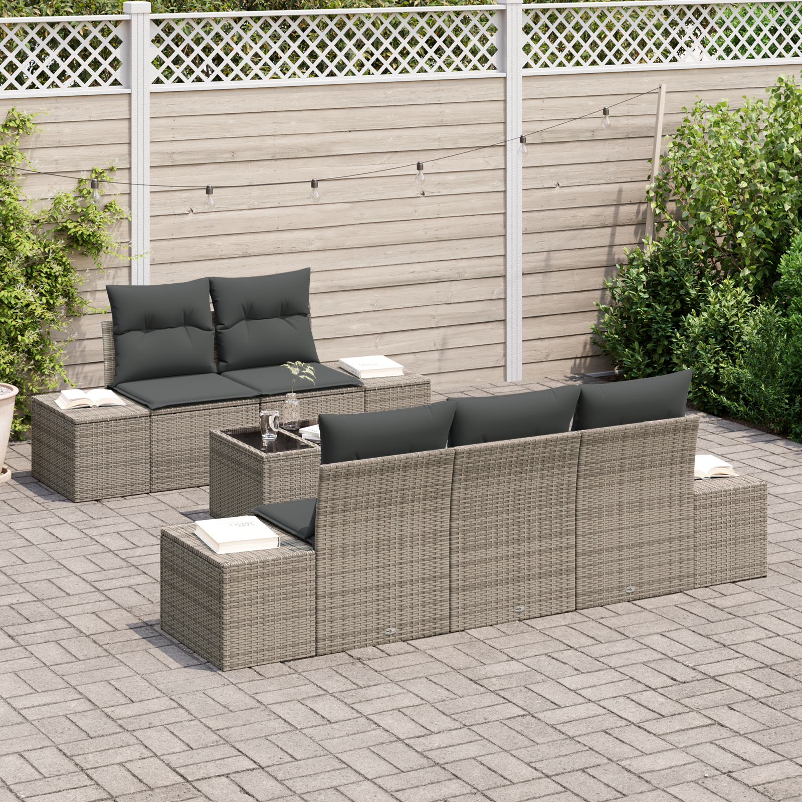 vidaXL 6-delige tuinset met kussens in grijs poly rattan