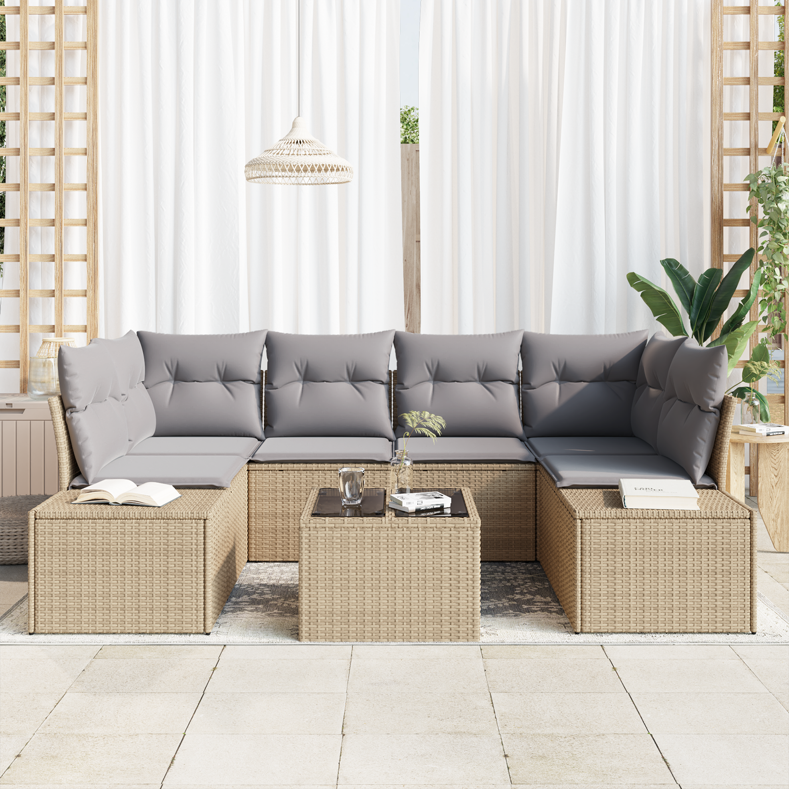 vidaXL 7-delige tuinset met kussens in beige poly rattan