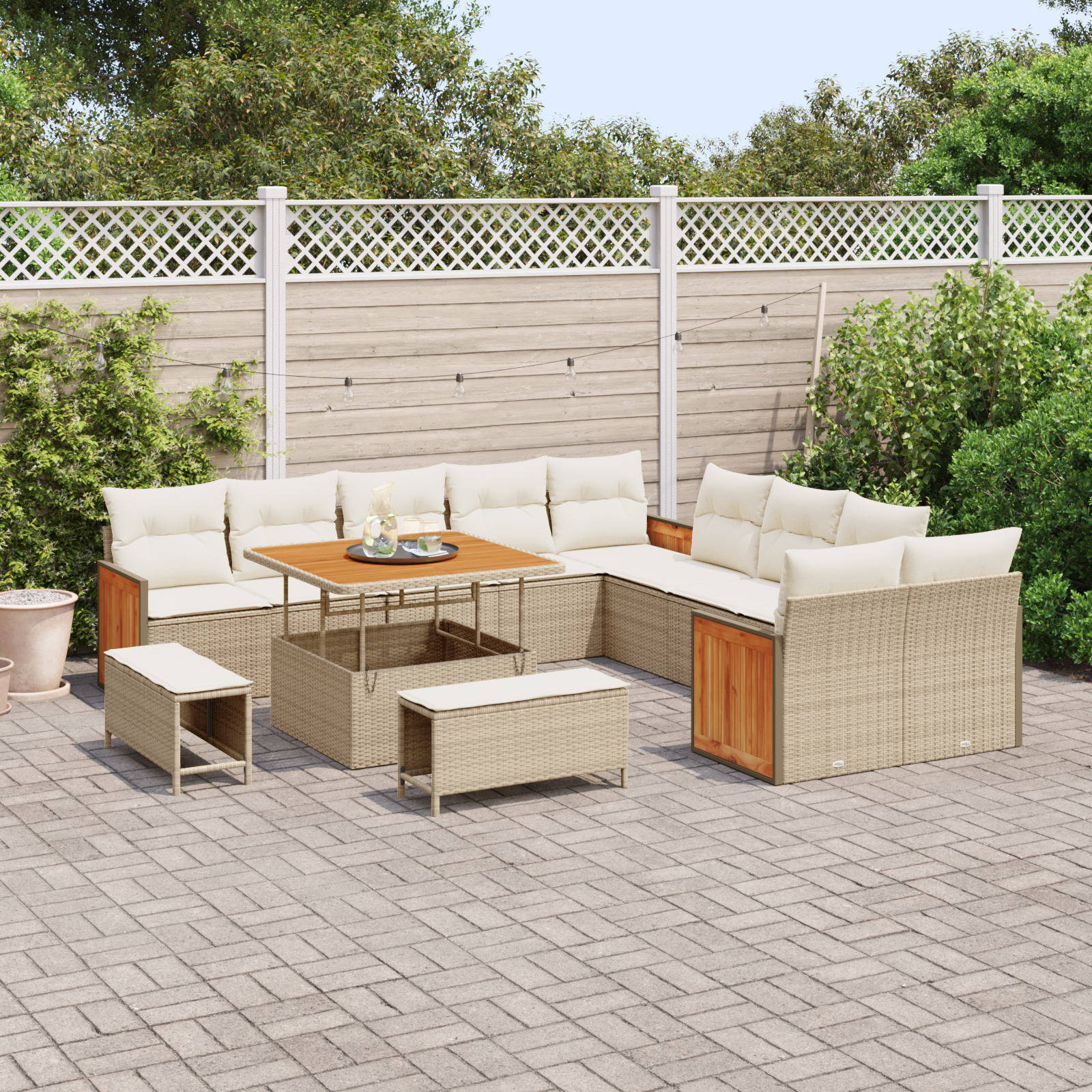 vidaXL 13-delige Tuinbankenset met kussens poly rattan acacia beige