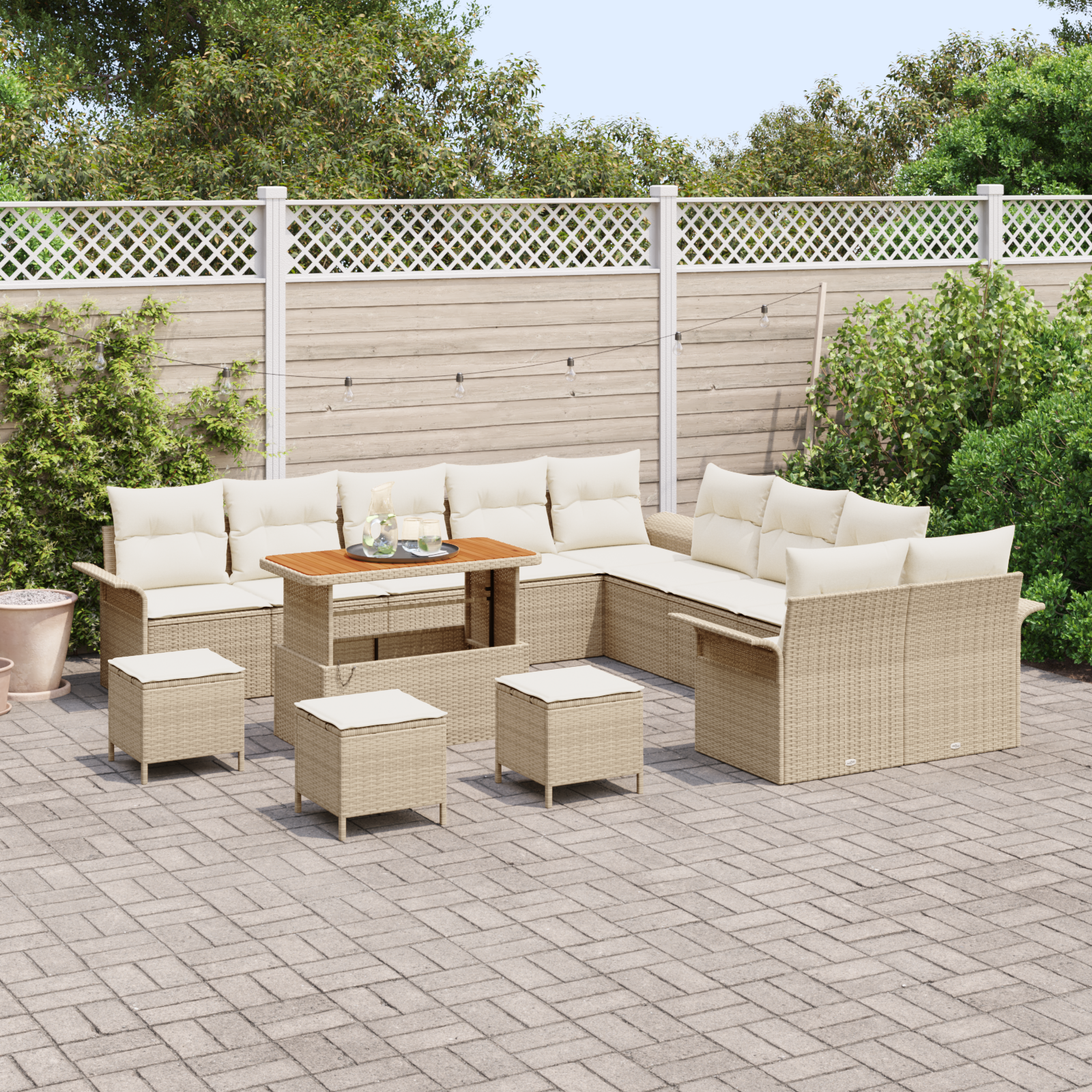 vidaXL 14-delige Tuinbankenset met kussens poly rattan acacia beige