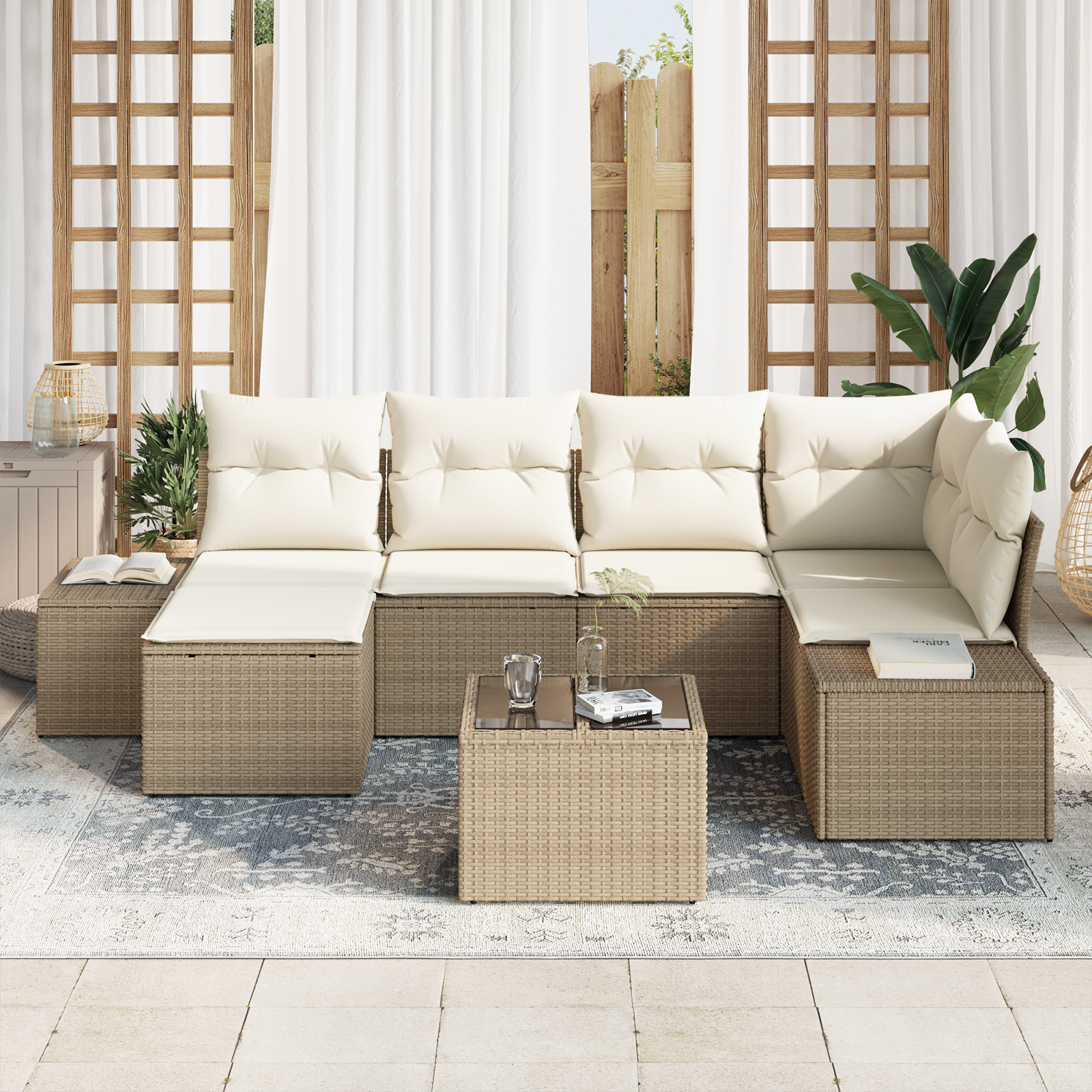 vidaXL 7-delige Tuinbankenset met kussens poly rattan bruin