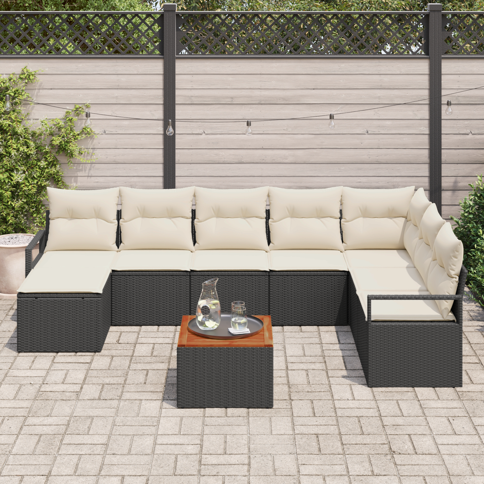 vidaXL 9-delige tuinbankset met kussens zwart poly rattan acacia