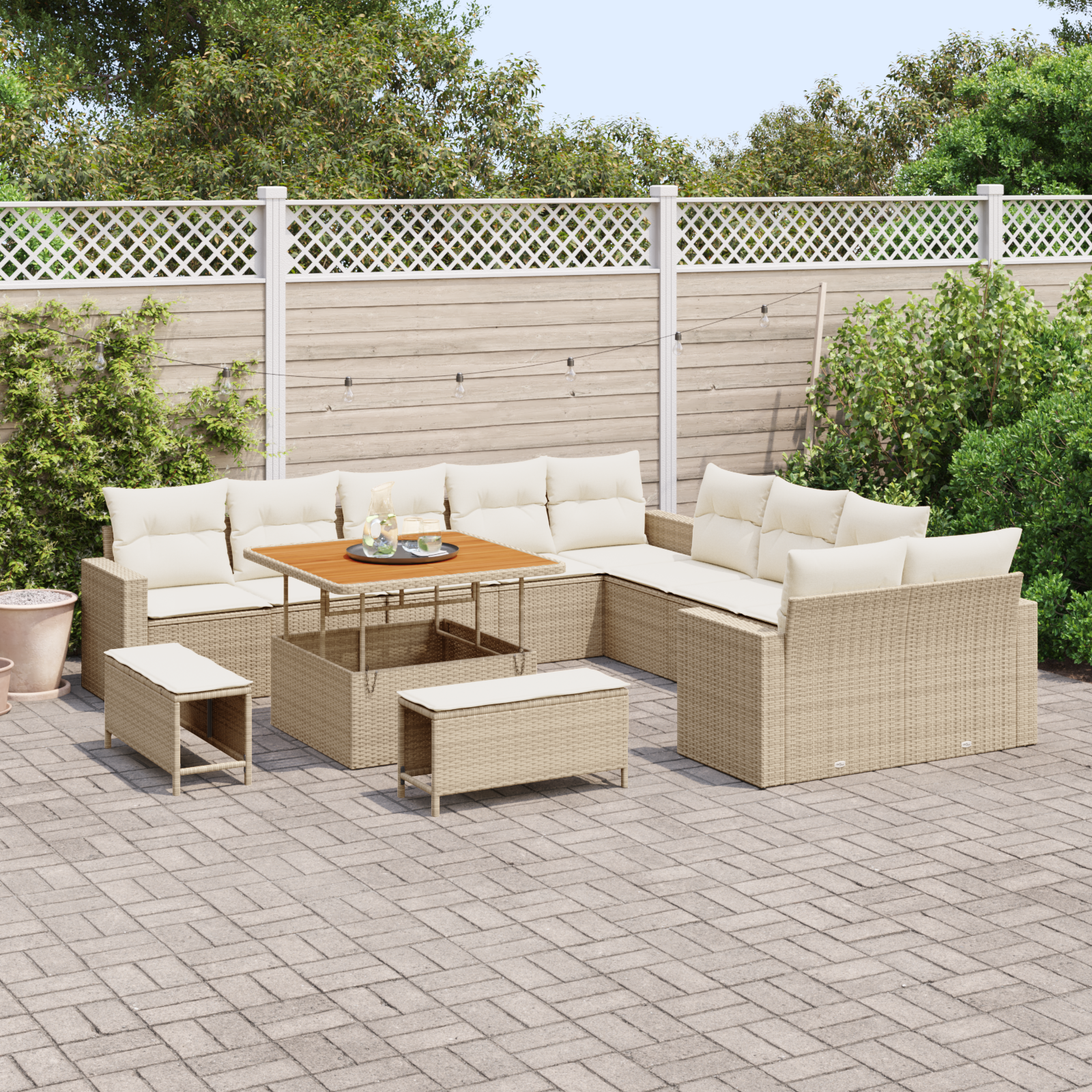 vidaXL 13-delige tuinset met kussens in beige poly riet en acaciahout