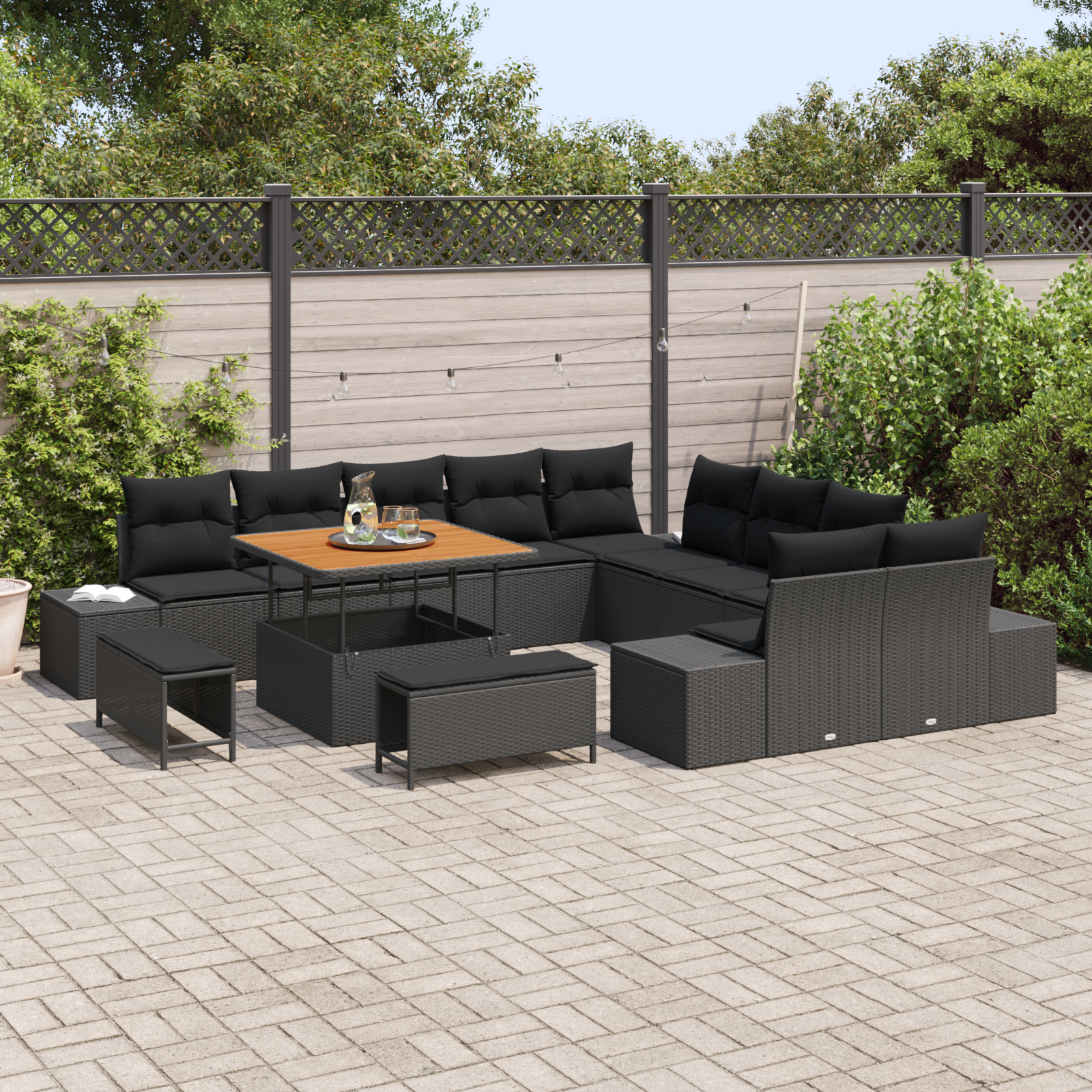 vidaXL 13-delige Tuinbankenset met kussens poly rattan acacia zwart