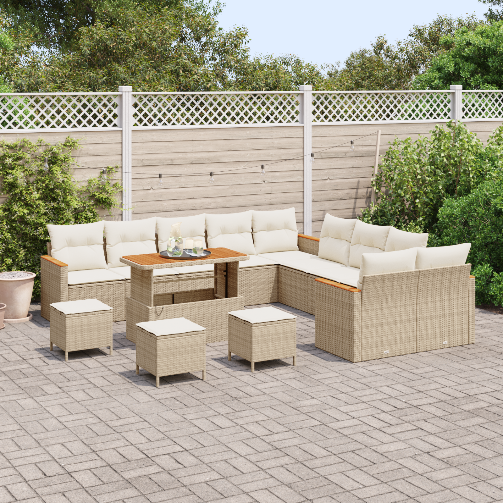 vidaXL 14-delige Tuinbankenset met kussens poly rattan acacia beige